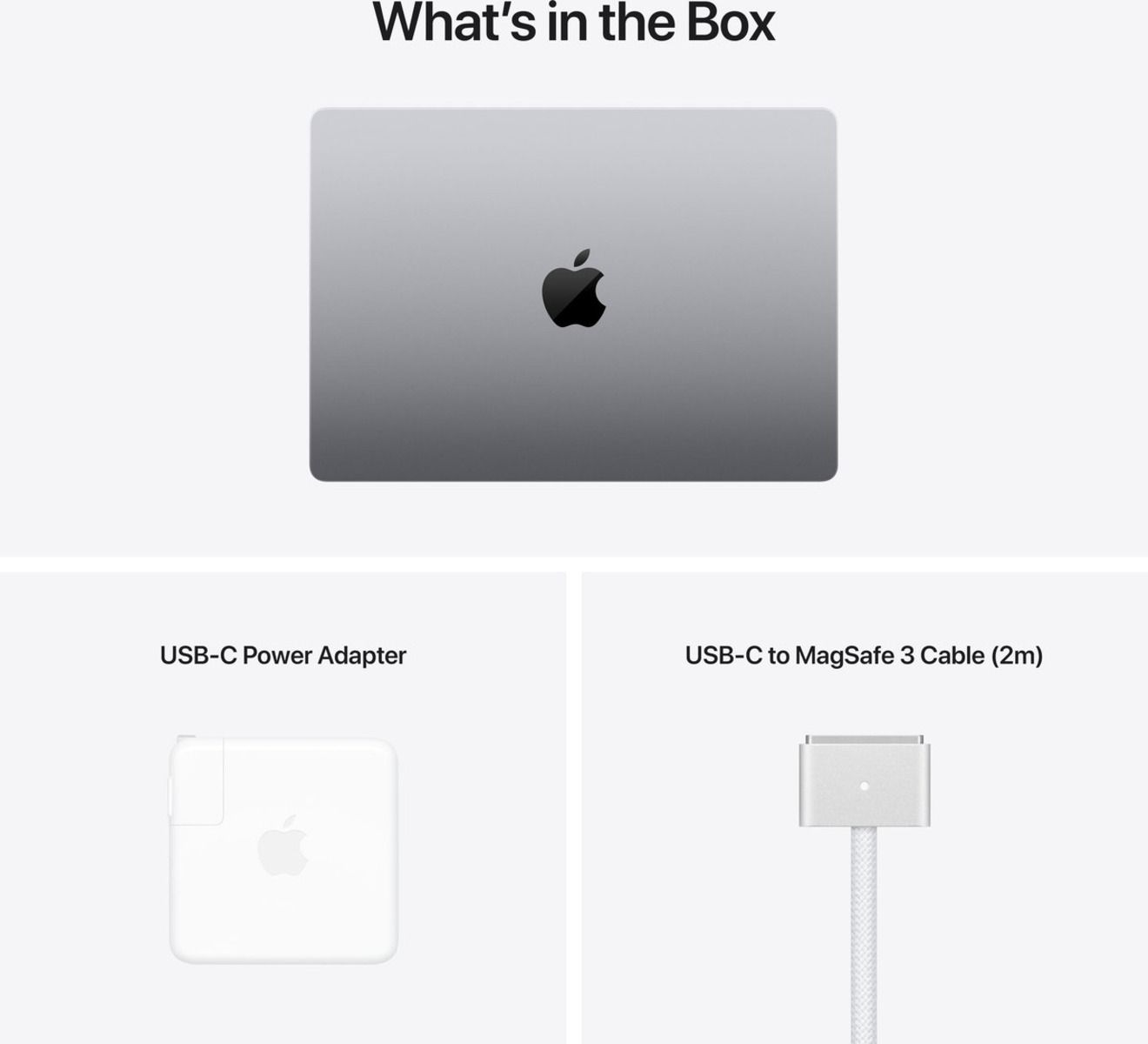 Laptop z akcesoriami. Pokazano zasilacz USB-C i kabel USB-C do MagSafe 3.