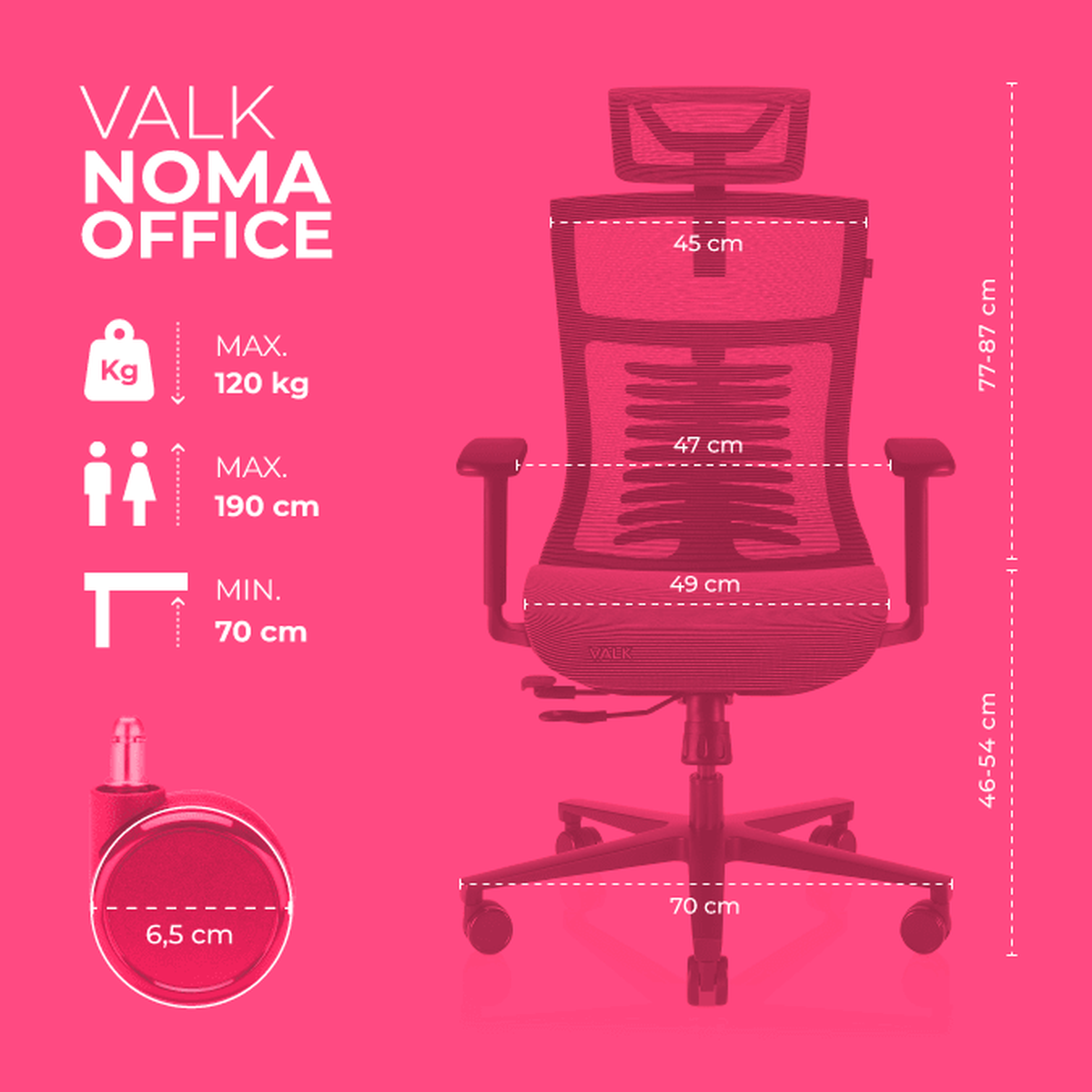 Silla de oficina con dimensiones. Respaldo y asiento de malla negra, reposabrazos ajustables y ruedas.