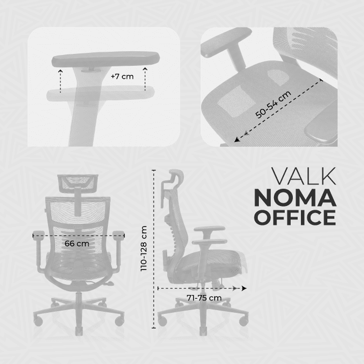 Diagrama de una silla de oficina negra con dimensiones. El texto dice 'VALK NOMA OFFICE'.