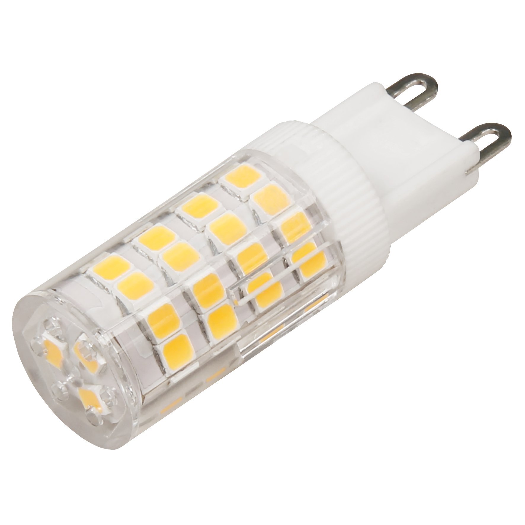 LED-Glühbirne mit transparentem Kunststoff und weißem Sockel, mit gelben Lichtern.