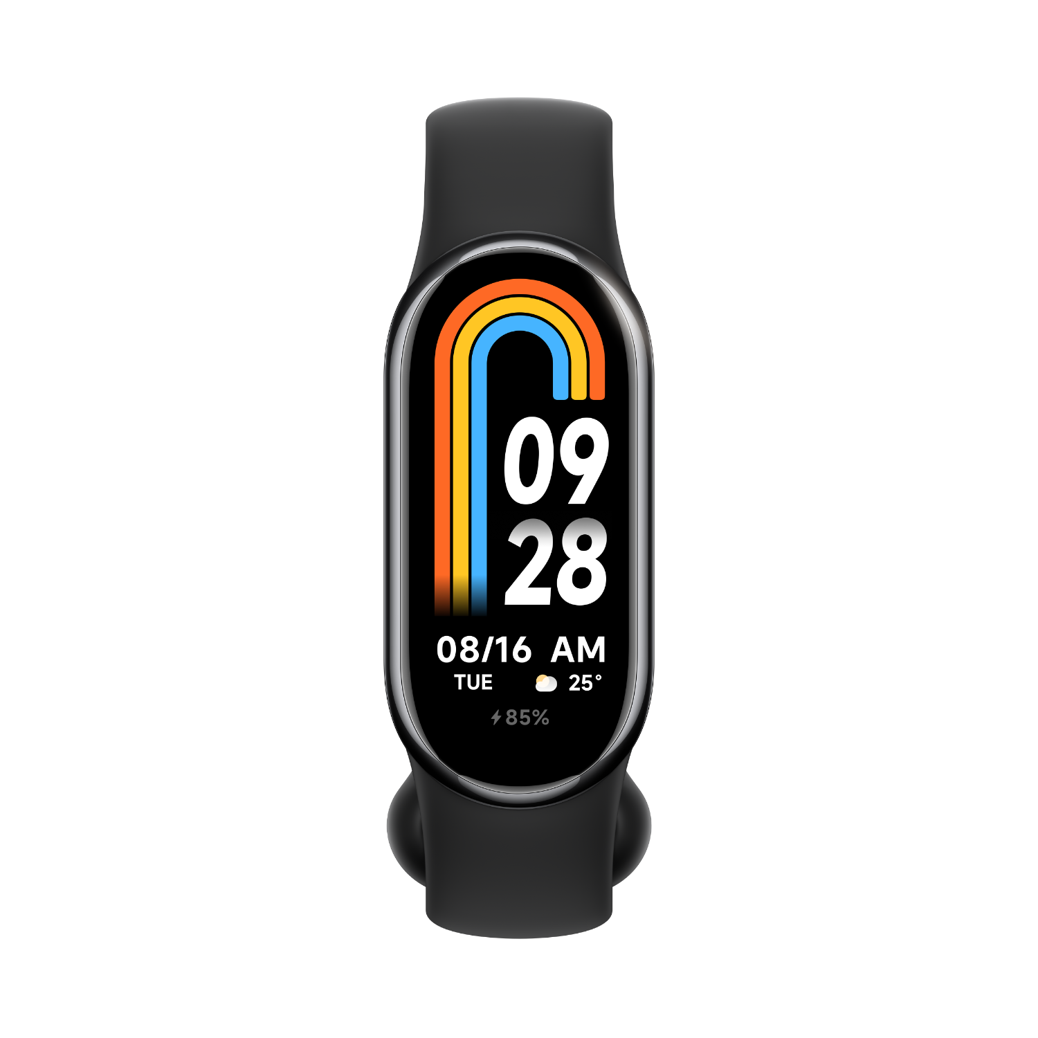 Czarny smartwatch z kolorowym wyświetlaczem pokazującym datę i godzinę.