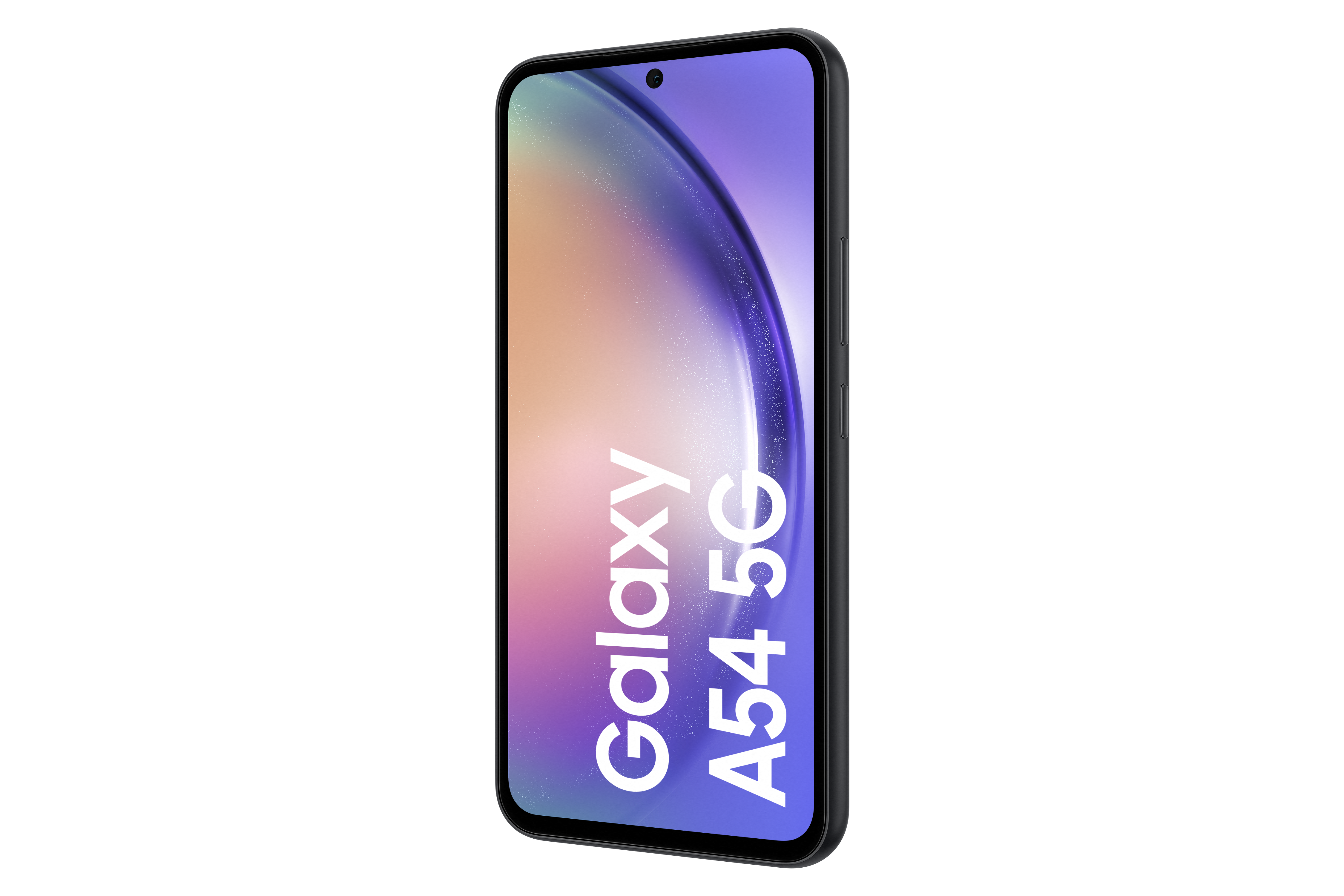 Telefon Samsung Galaxy A54 5G, czarna ramka, fioletowy ekran, biały tekst.