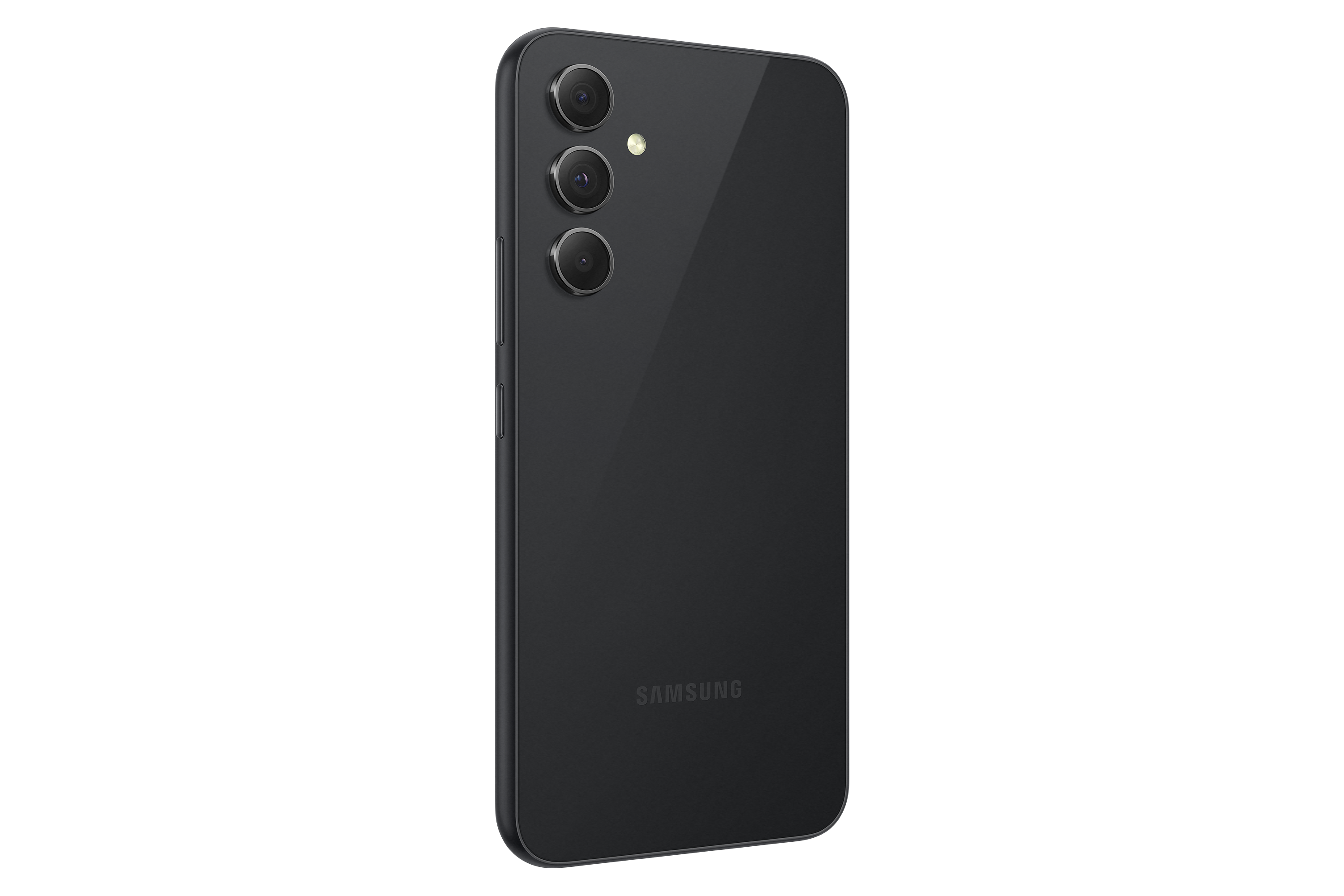 Czarny tył smartfona z trzema aparatami. Logo Samsung na dole. Czarne tło.