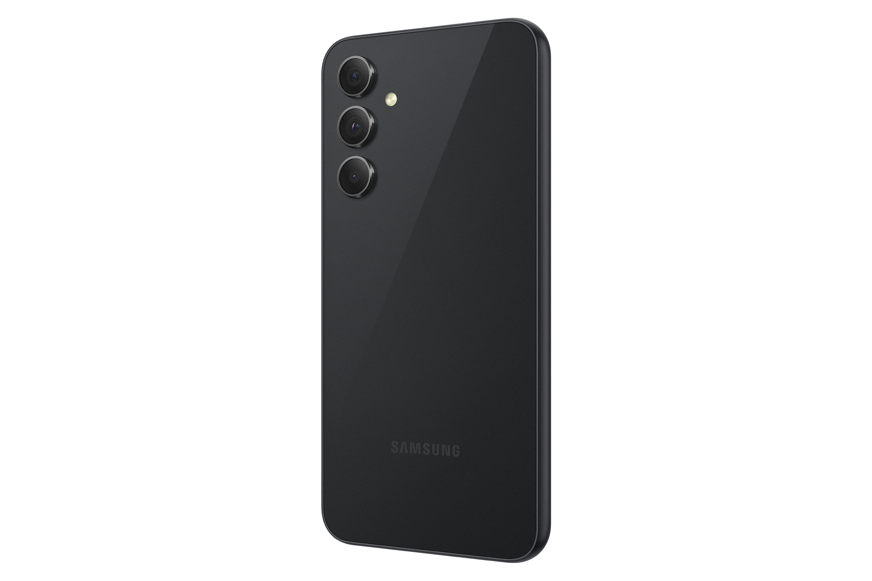 Tył czarnego smartfona z trzema aparatami i logo Samsung na czarnym tle.