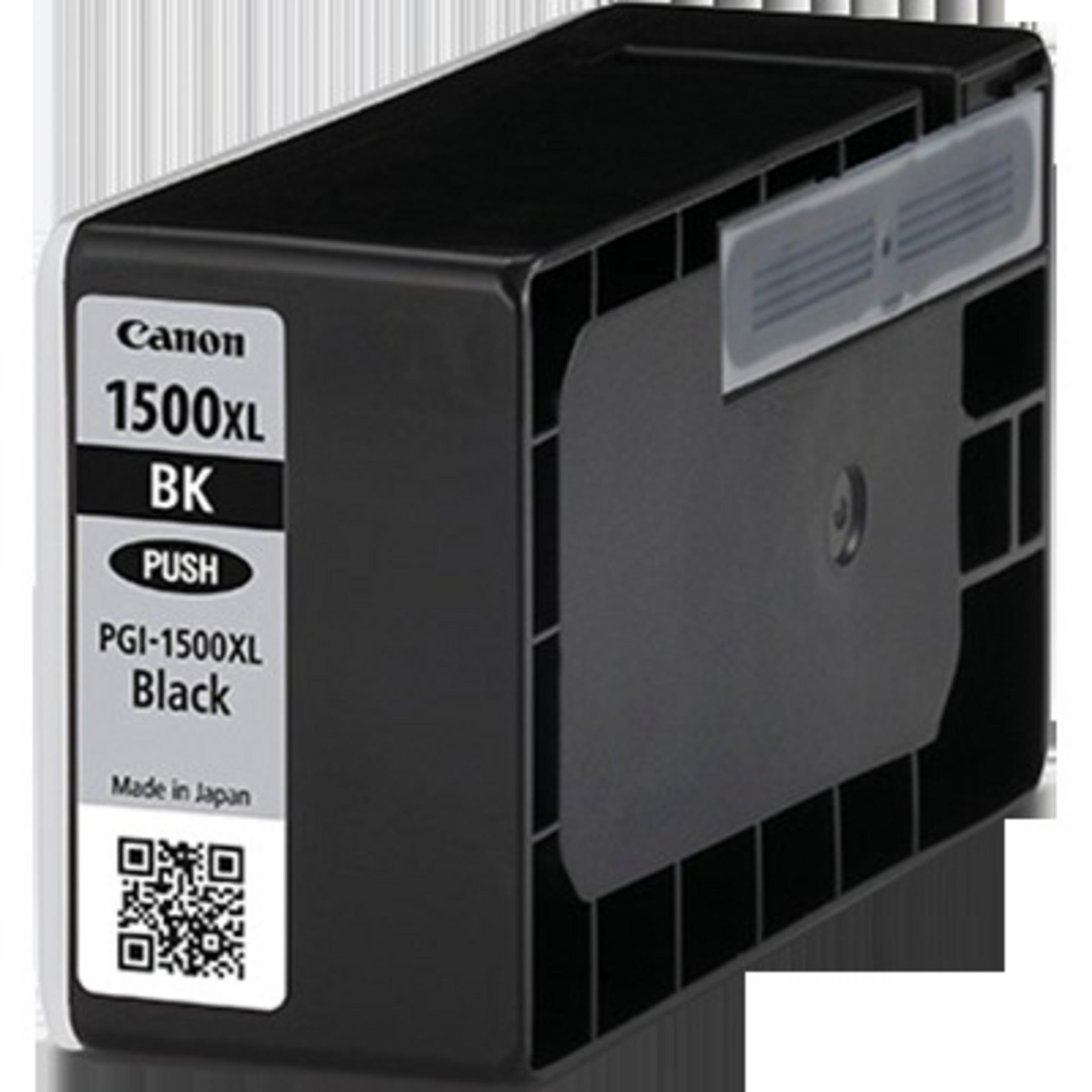 Cartouche d'encre Canon 1500XL Noir, noire, étiquette blanche avec texte et QR.