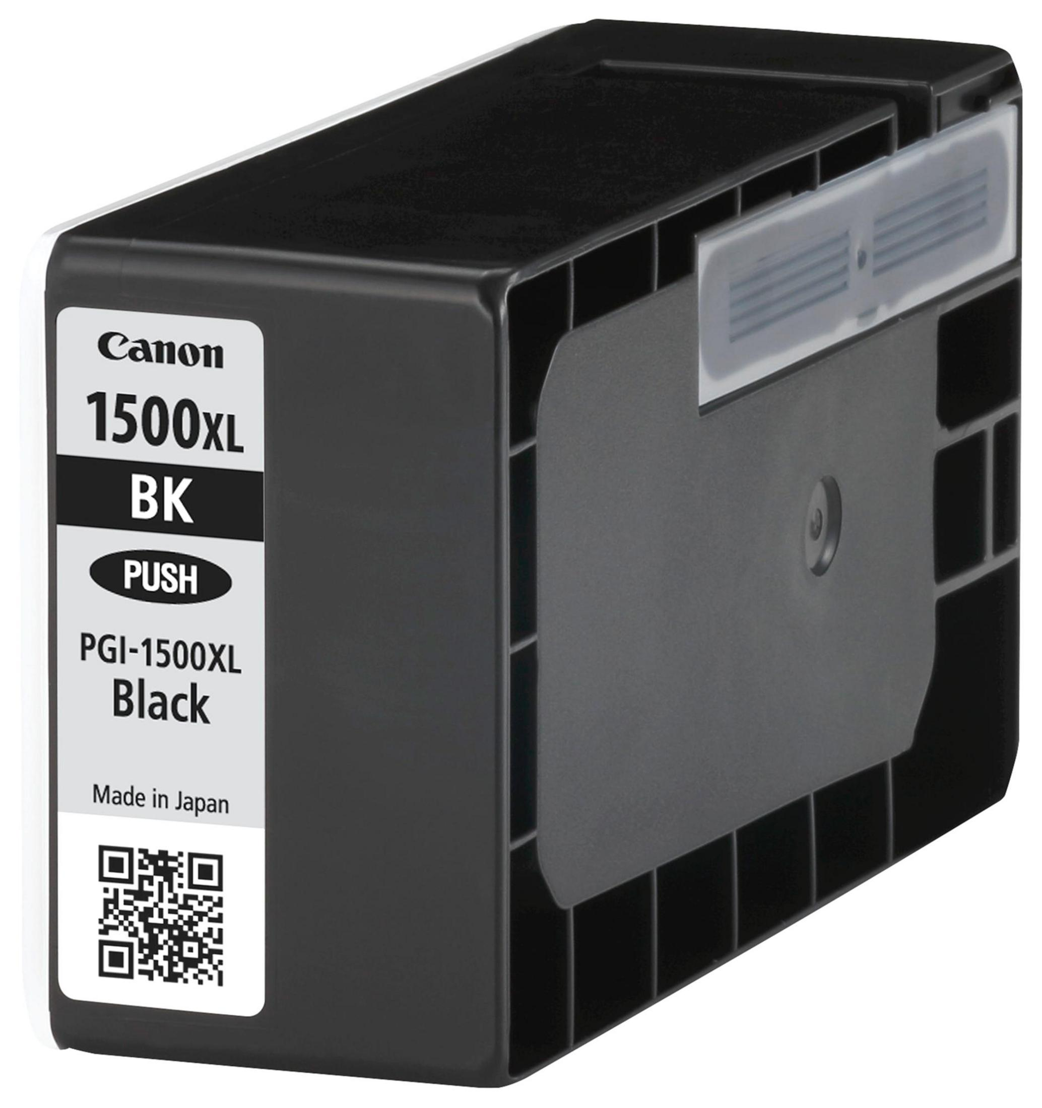 Une cartouche d'encre Canon noire étiquetée '1500XL BK Black', avec un code QR et 'Made in Japan'.