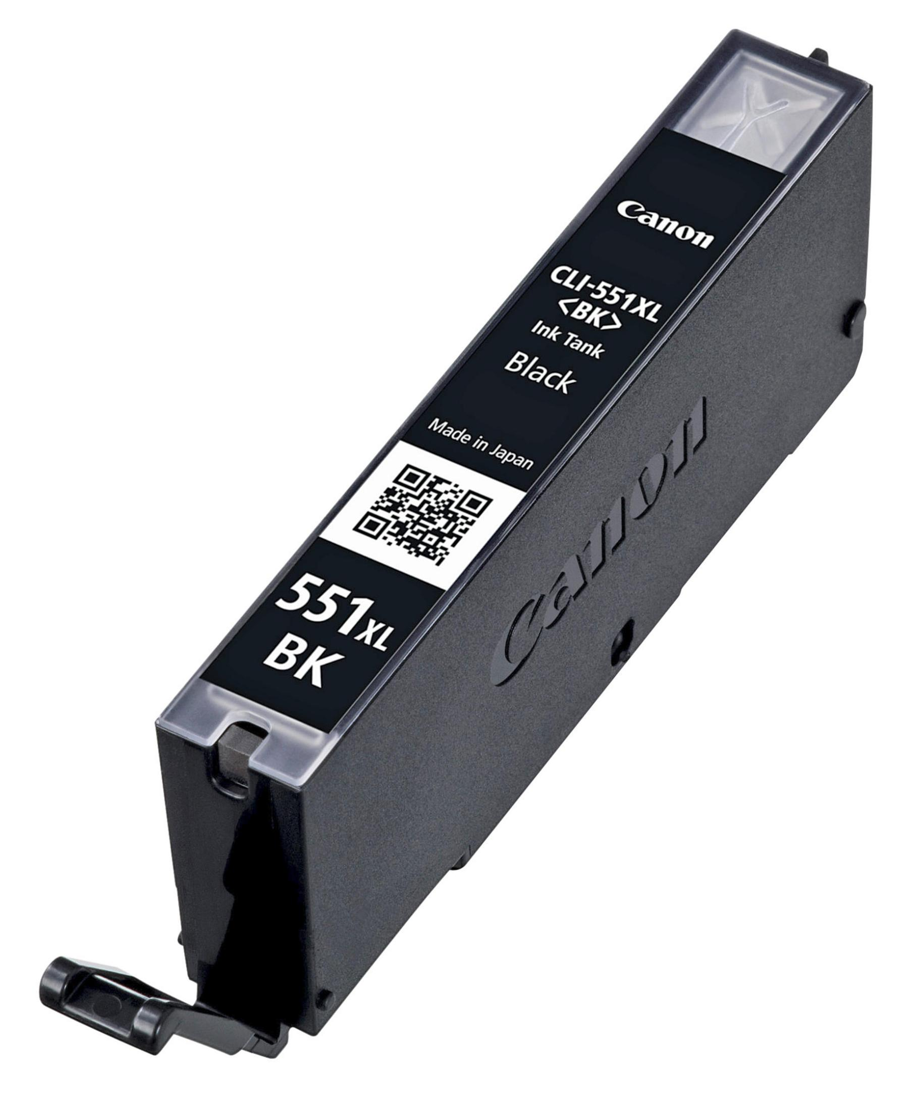 Canon CLI-551XL zwarte inktcartridge, zwart plastic, wit label met tekst en QR-code.