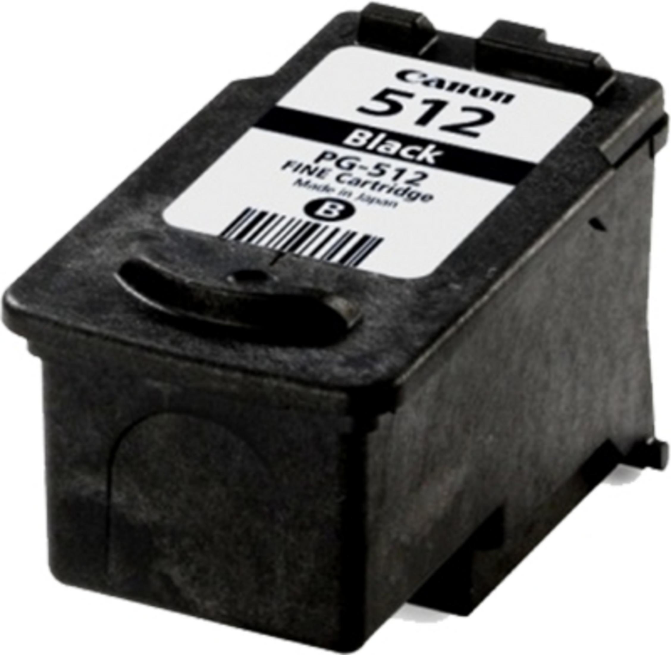 Zwarte Canon 512 inktcartridge met een wit label en barcode. Fine Cartidge is erop gedrukt.