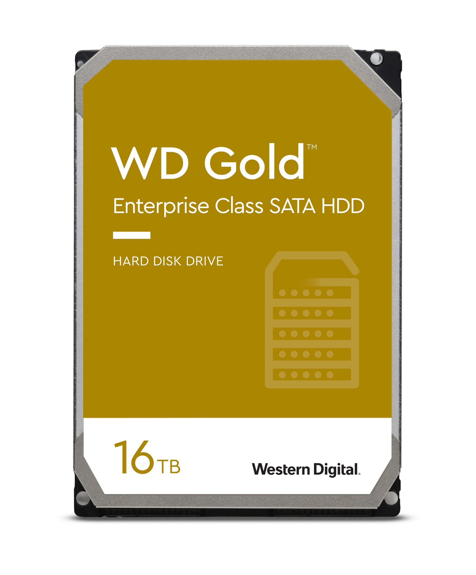 Dysk twardy SATA HDD WD Gold 16 TB Enterprise Class. Dysk jest złoty, a na etykiecie widać 16 TB i logo Western Digital.