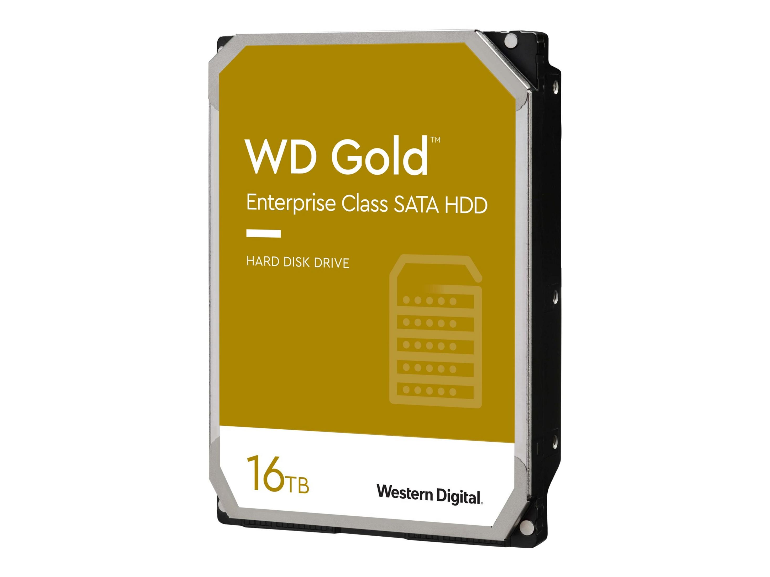 Dysk twardy WD Gold 16TB na białym tle, ze złotą etykietą i czarną obudową.