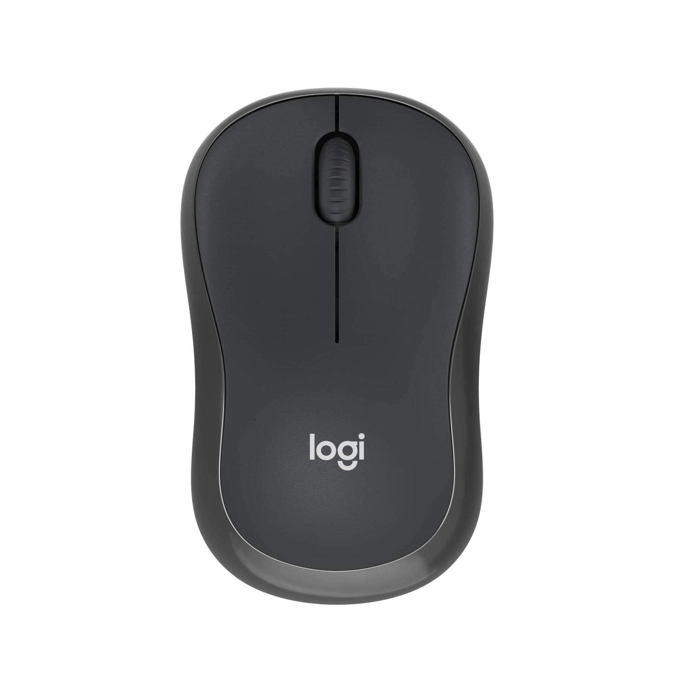 Ciemnoszara mysz bezprzewodowa Logitech. Mysz ma kółko przewijania, a logo Logitech jest widoczne na spodzie.
