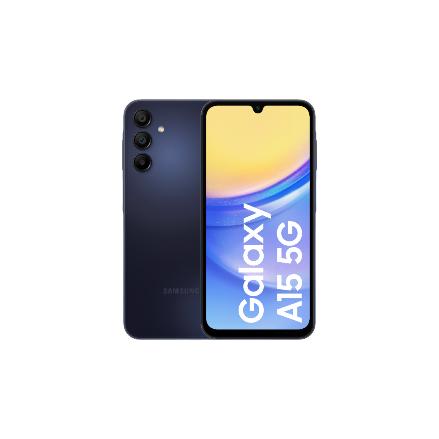 Een blauwe Samsung Galaxy A15 5G-telefoon, met de achter- en voorkant zichtbaar, zwarte achtergrond.