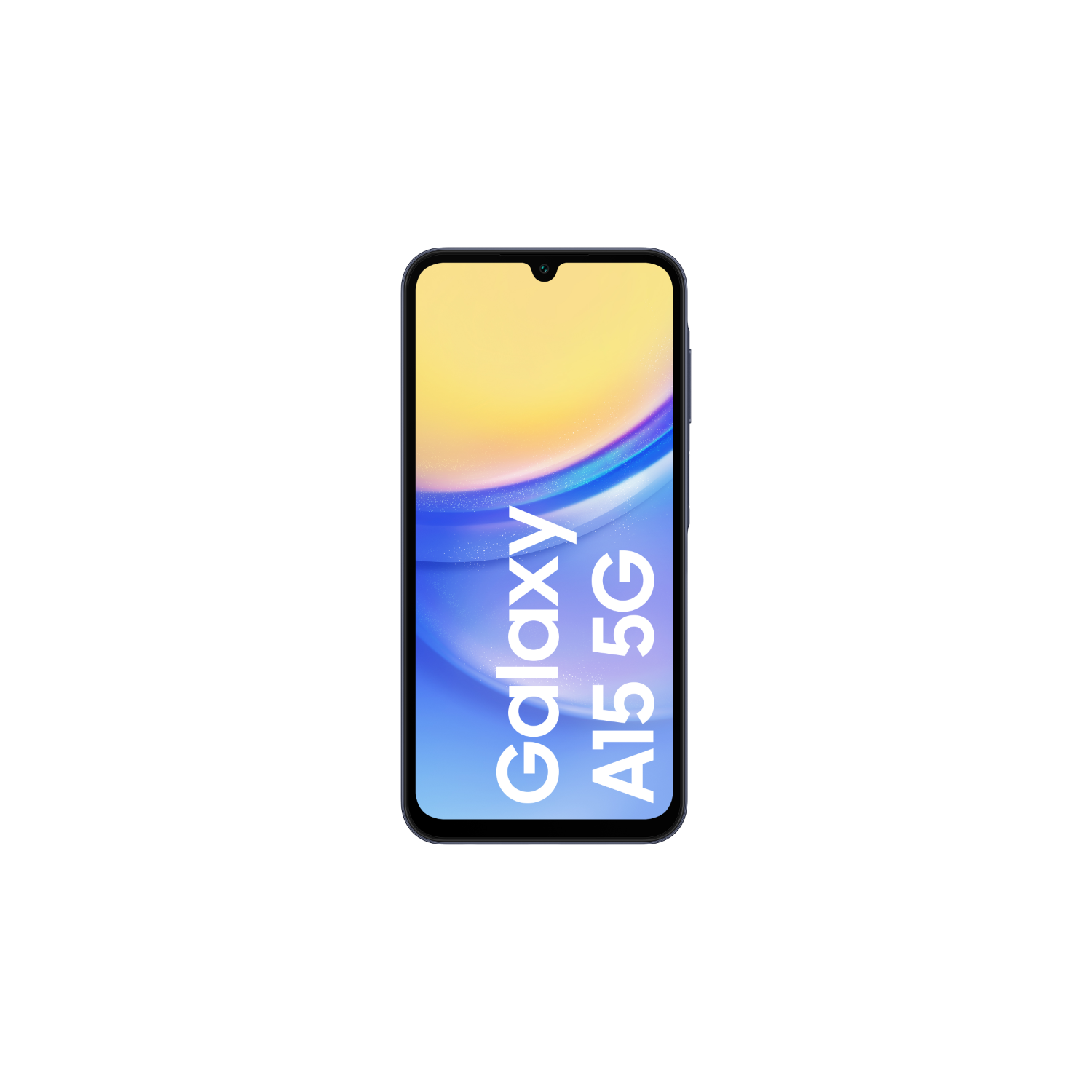 Vooraanzicht van een smartphone met een blauwe rand. Het scherm toont 'Galaxy A15 5G' op een verloopachtergrond.