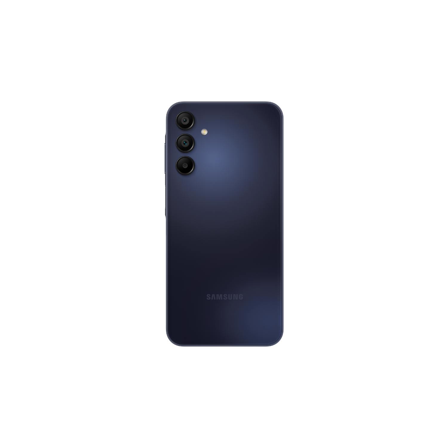 Donkerblauwe smartphone met drie camera's en het Samsung-logo.