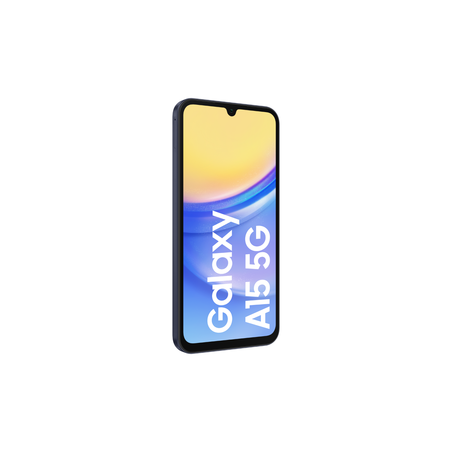 Blauwe telefoon met geel-blauw scherm, met 'Galaxy A15 5G'.