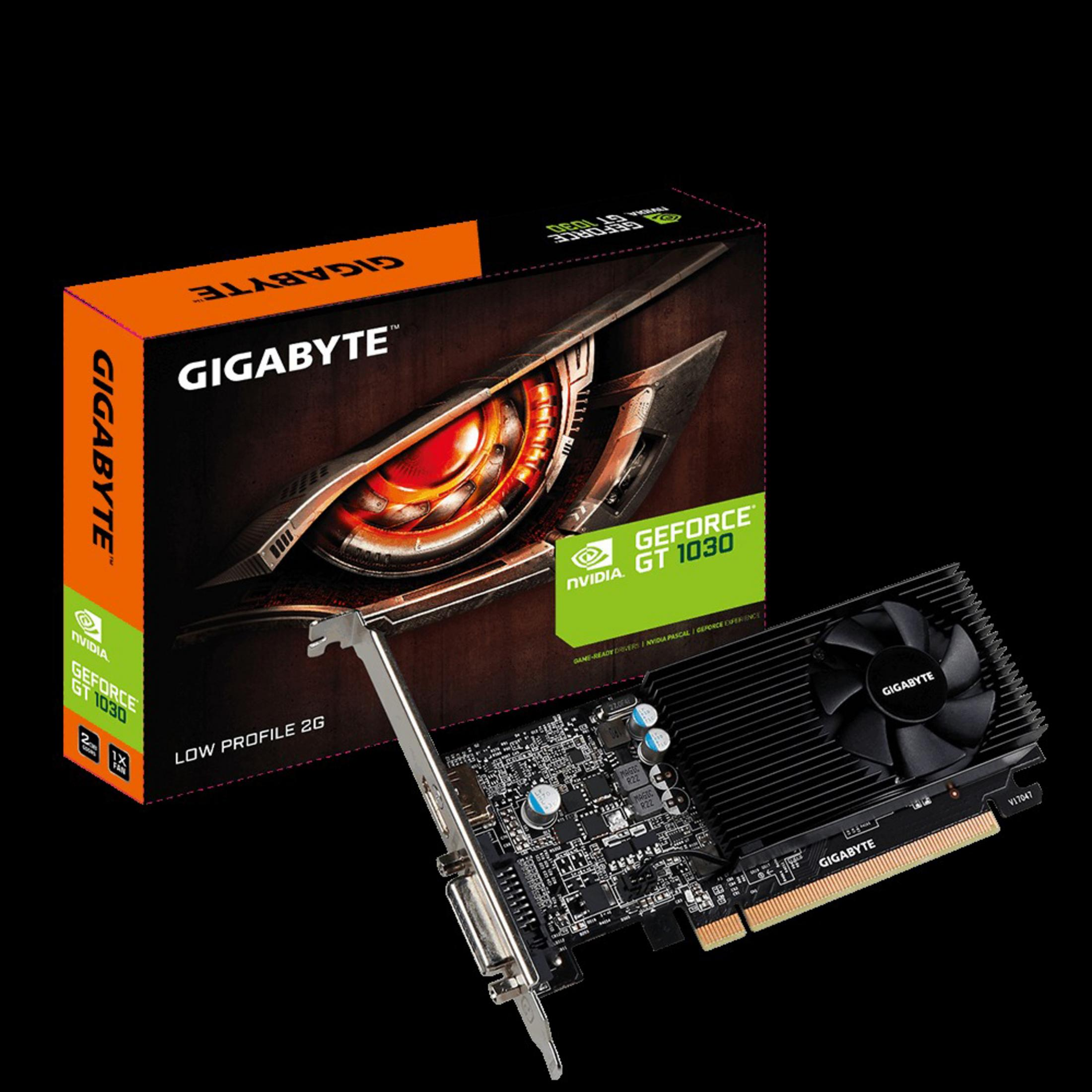 Una scheda grafica Gigabyte GeForce GT 1030 accanto alla sua scatola, sfondo nero.