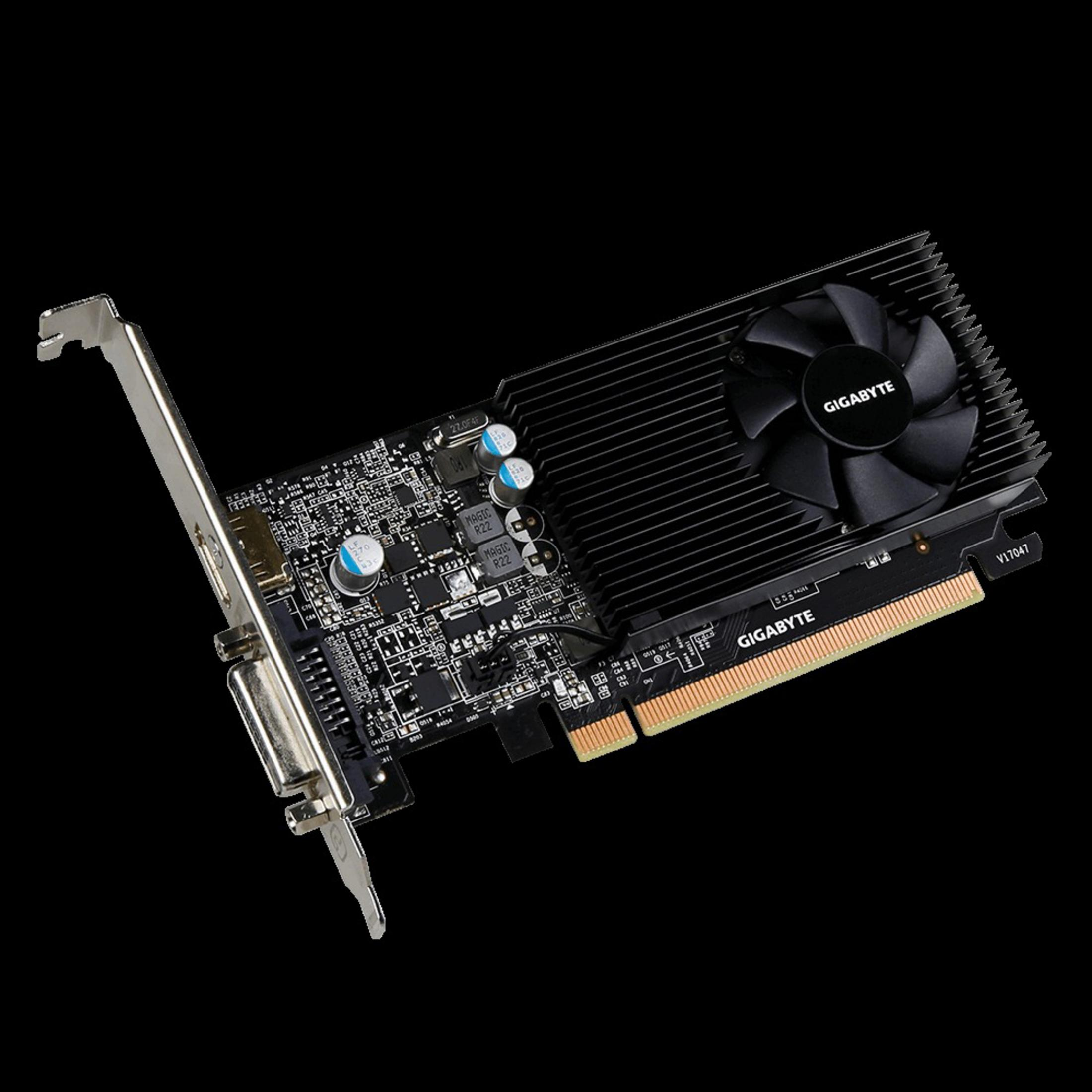 Una scheda grafica GIGABYTE con ventola su sfondo nero.
