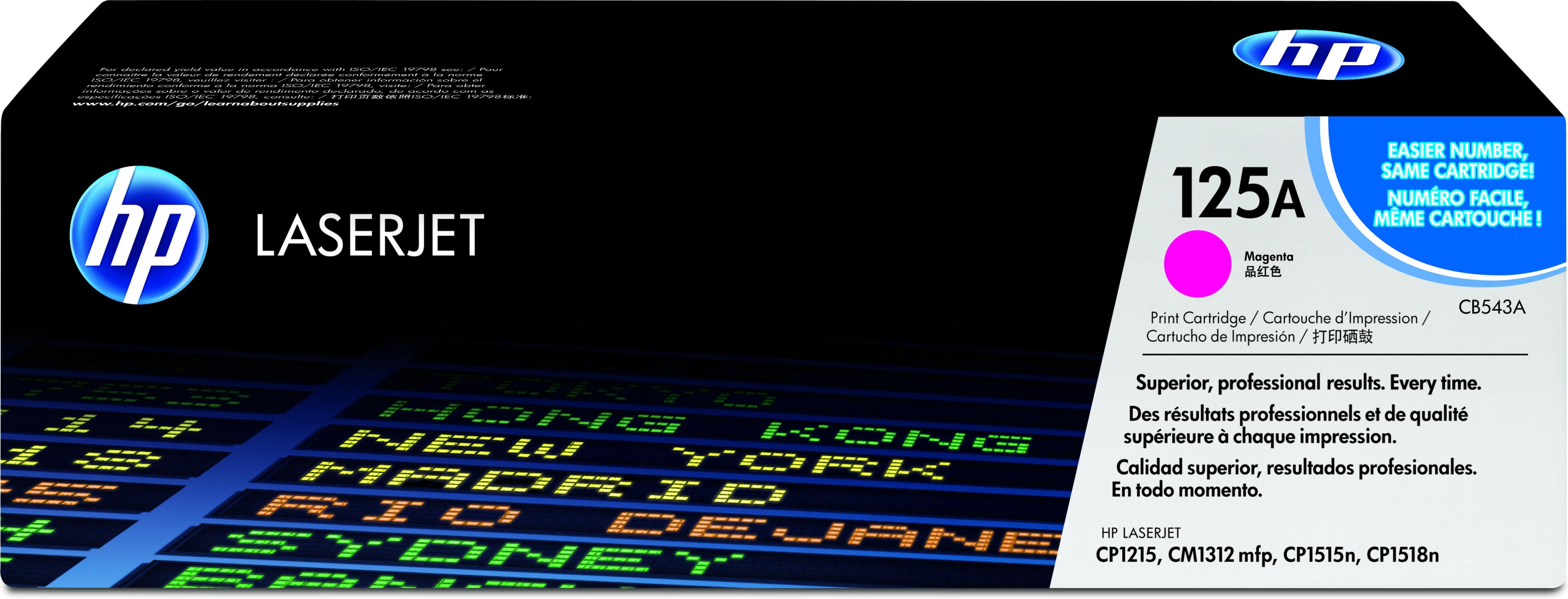 Pudełko z tonerem magenta HP LaserJet 125A. Pudełko zawiera tekst i grafikę na czarno-białym tle.