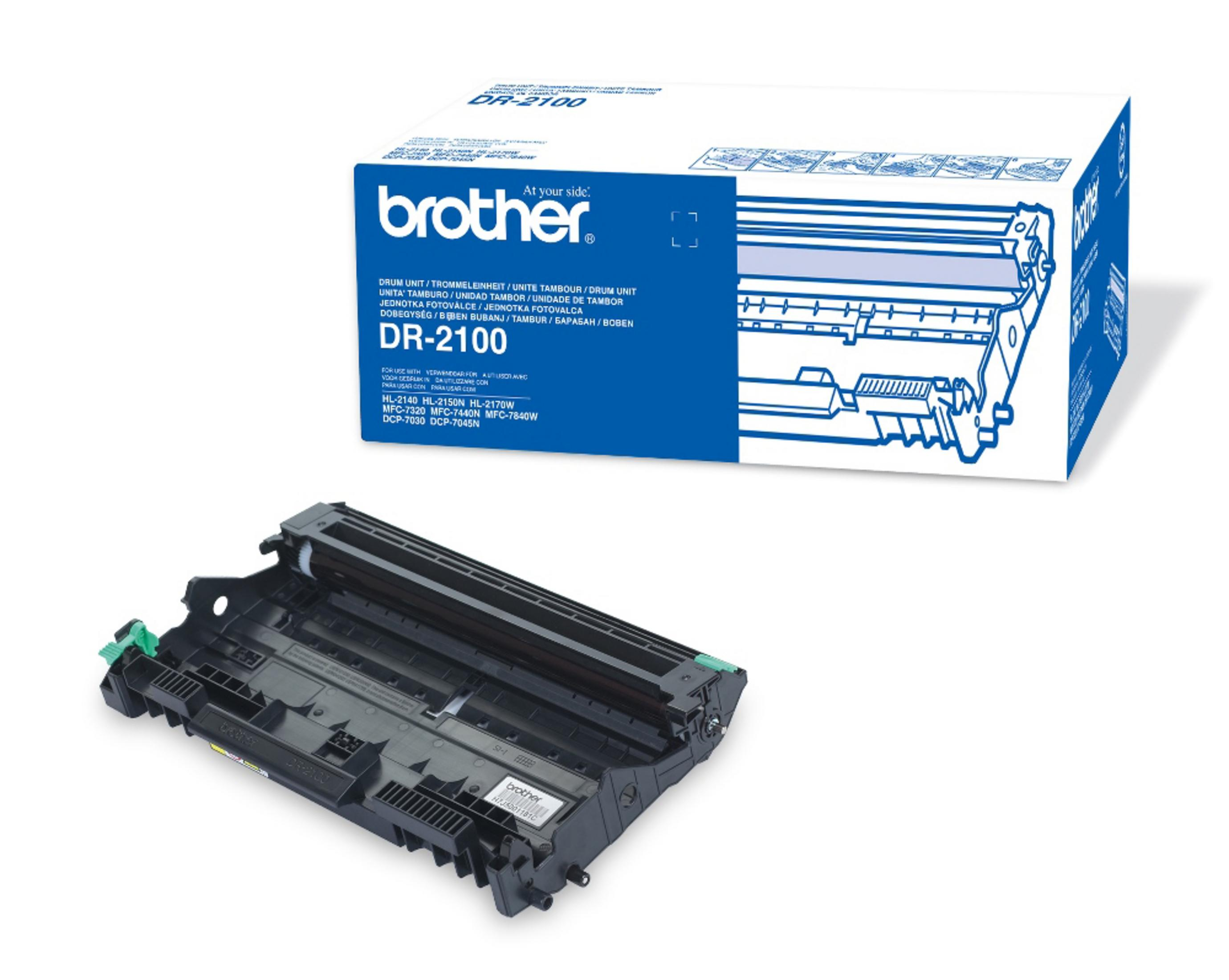 Brother DR-2100 Trommeleinheit-Box und Trommel. Box hat Infos und Trommel ist schwarz und grün. Hintergrund: weiß.