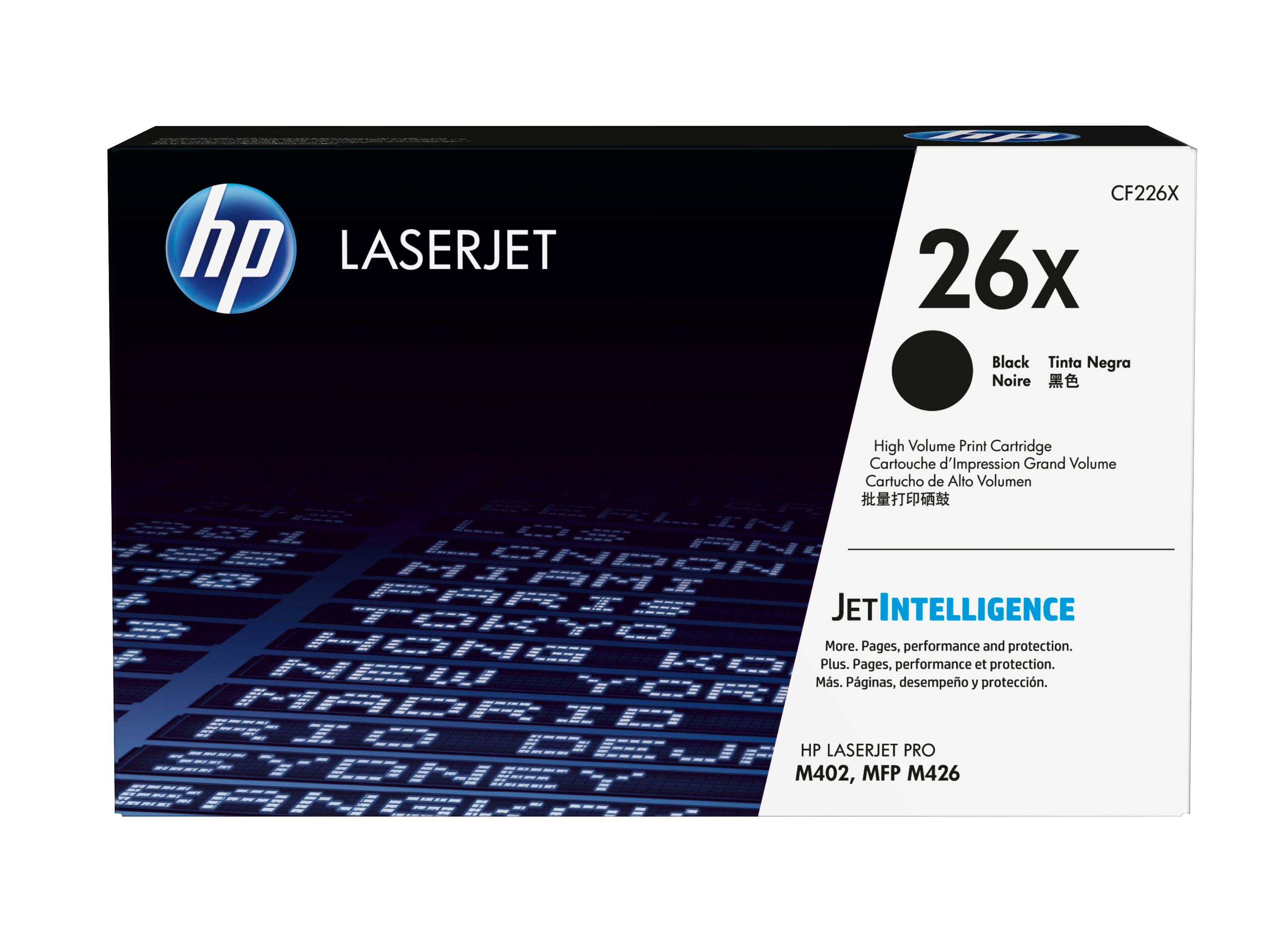 Czarny toner HP LaserJet CF226X na ciemnym tle z nazwami miast.