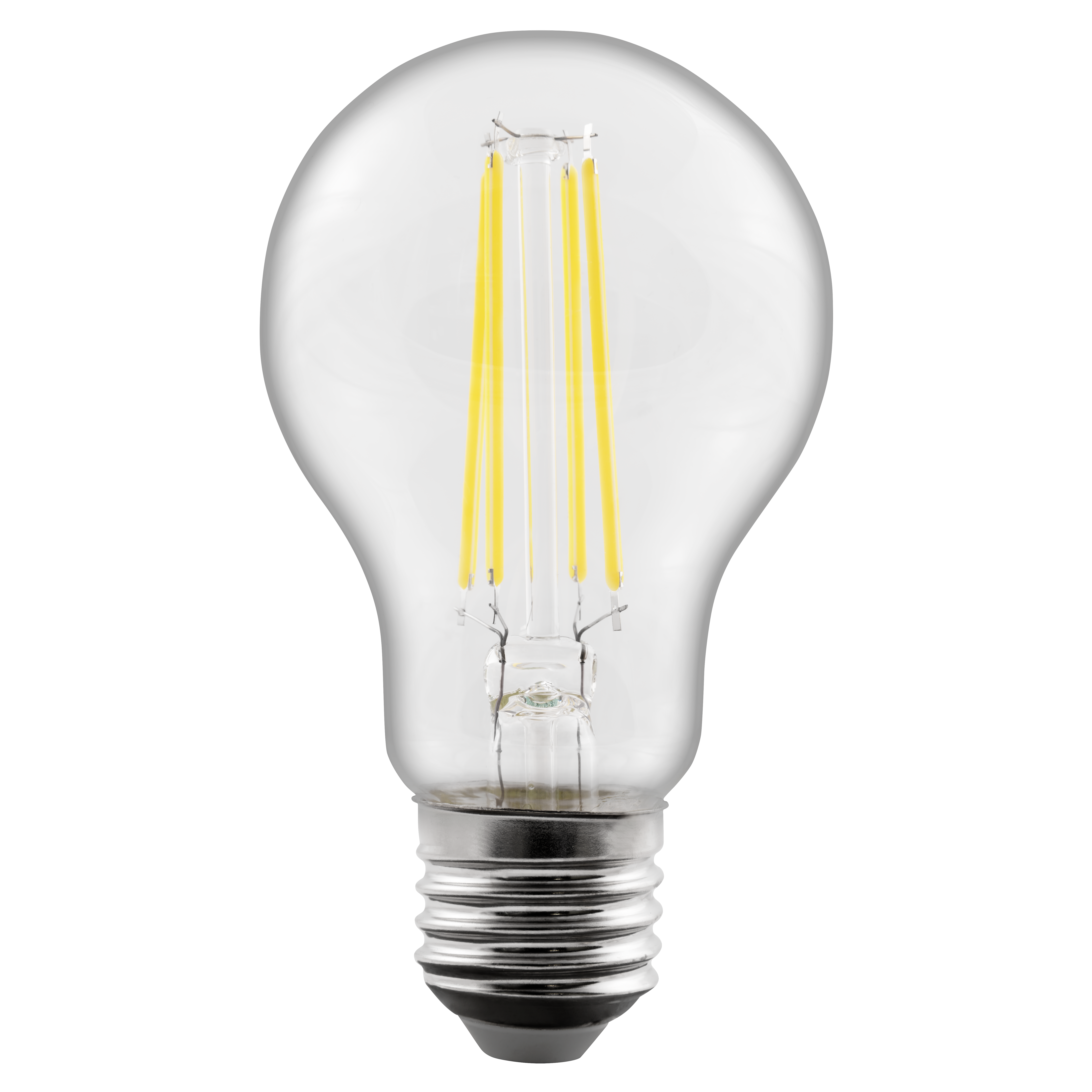 Eine transparente LED-Glühbirne mit gelben Filamenten.