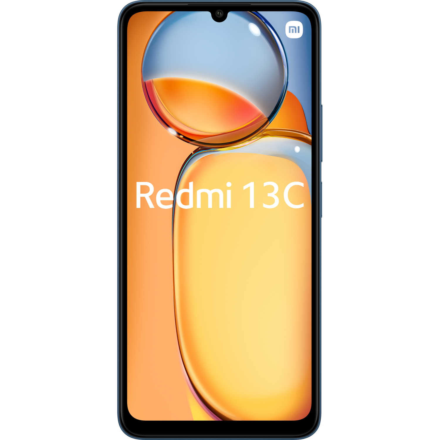 Smartfon z napisem 'Redmi 13C' na ekranie. Ma kolorowe tło.
