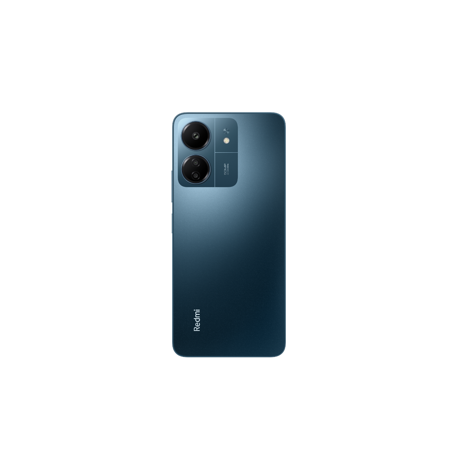 Niebieski smartfon z aparatem i logo na czarnym tle.