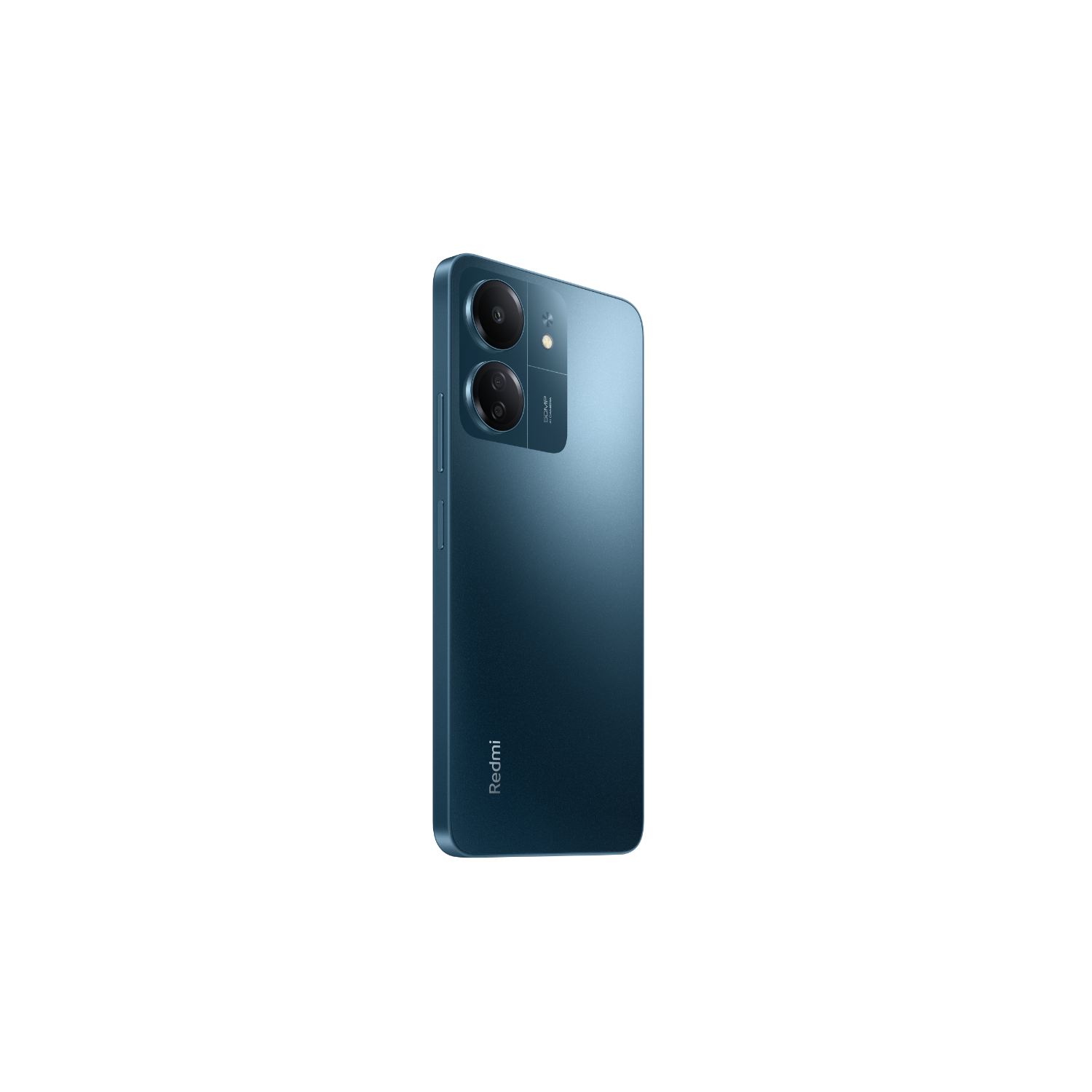 Niebieski smartfon na czarnym tle. Telefon ma dwa aparaty i logo Redmi.