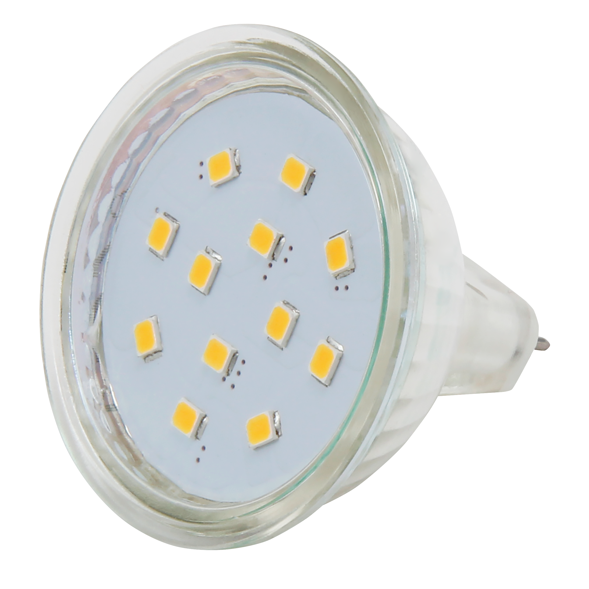 Ein GU10 LED-Leuchtmittel mit Linse. Die Glühbirne hat mehrere kleine gelbe LEDs.