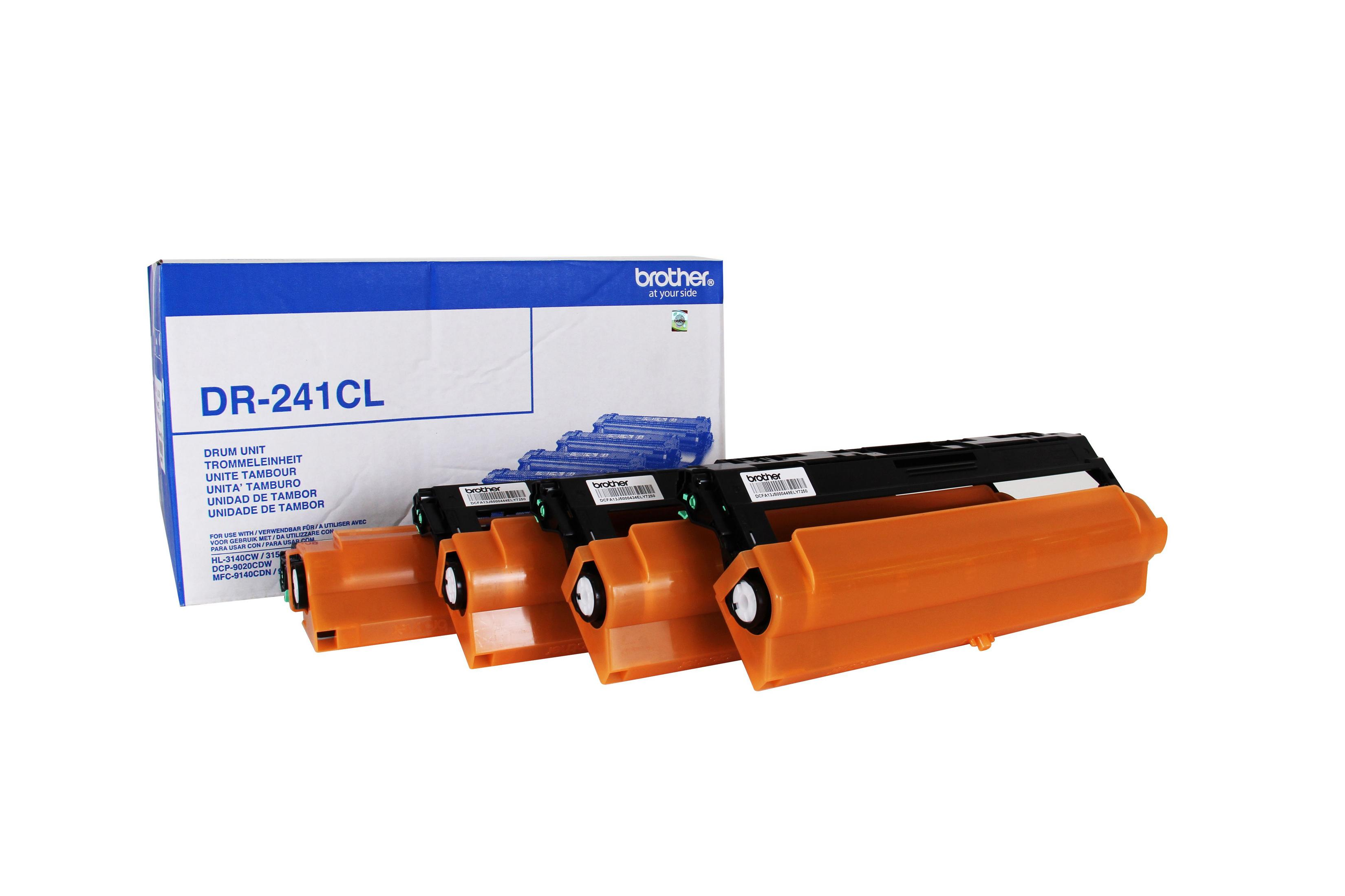 Brother DR-241CL Trommeleinheit-Patronen und eine Box. Die Patronen sind orange.