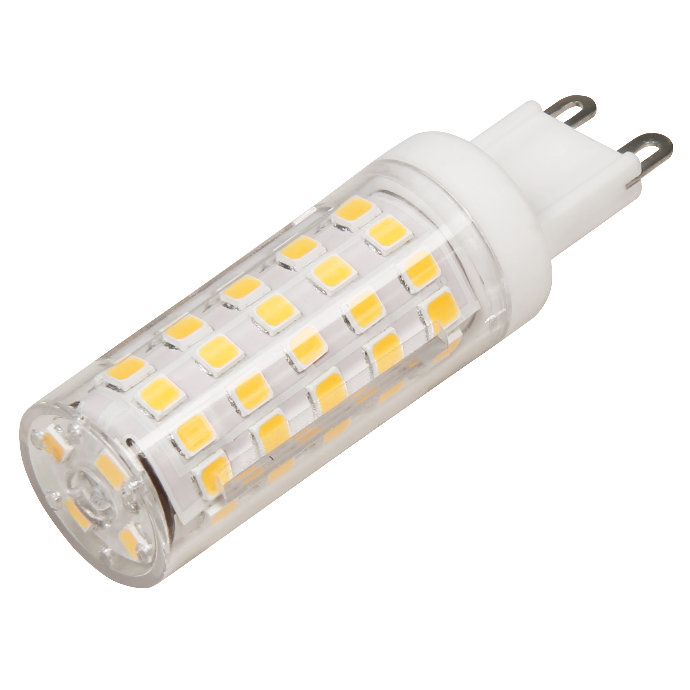 Nahaufnahme einer G9-LED-Glühbirne, mit transparentem Kunststoffgehäuse und sichtbaren gelben LEDs.