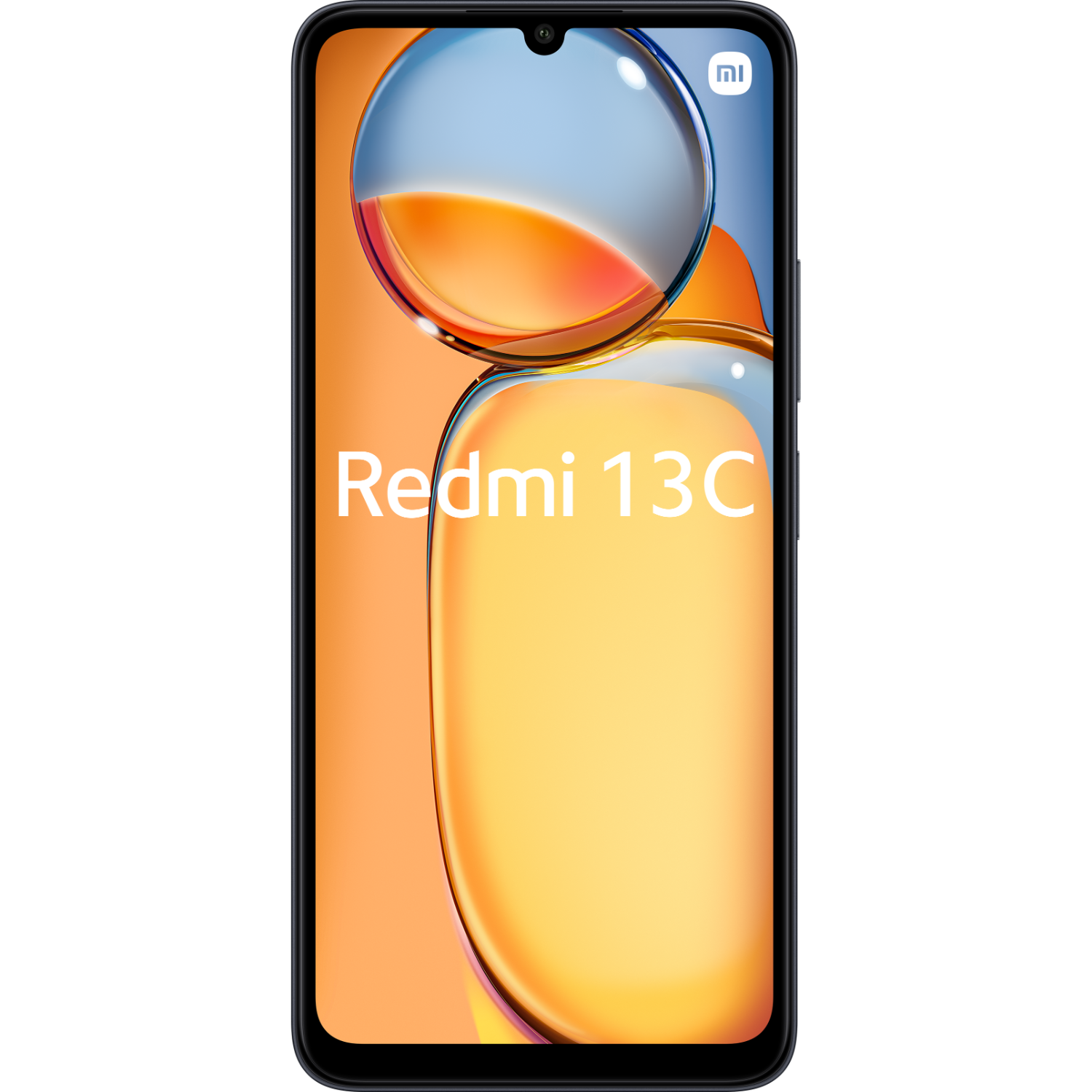 Telefon Redmi 13C. Pomarańczowe i niebieskie tło. Czarny korpus telefonu.