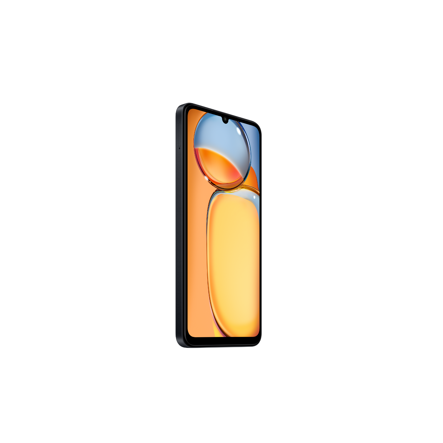 Czarny telefon z zakrzywionym ekranem. Ekran wyświetla pomarańczowo-niebieski gradient.