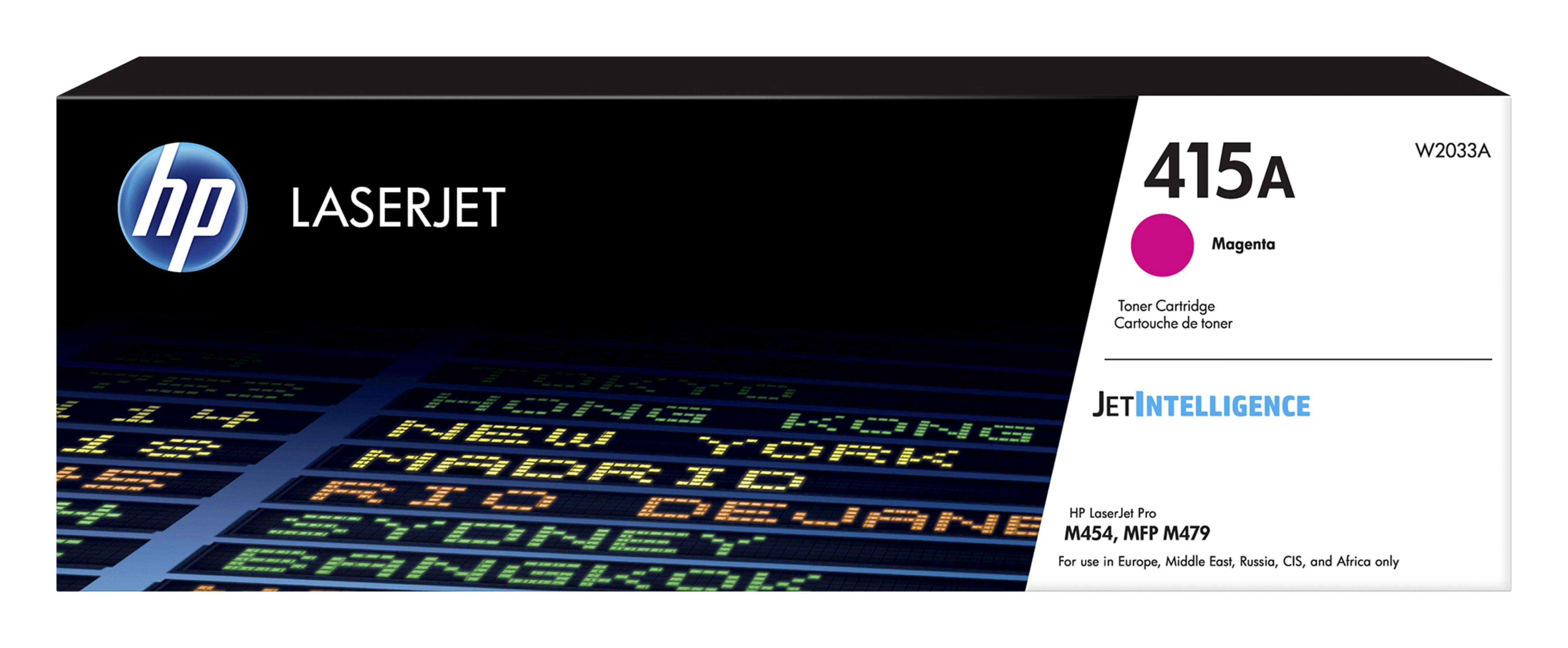 Pudełko z tonerem magenta HP LaserJet 415A z tłem lotniska.