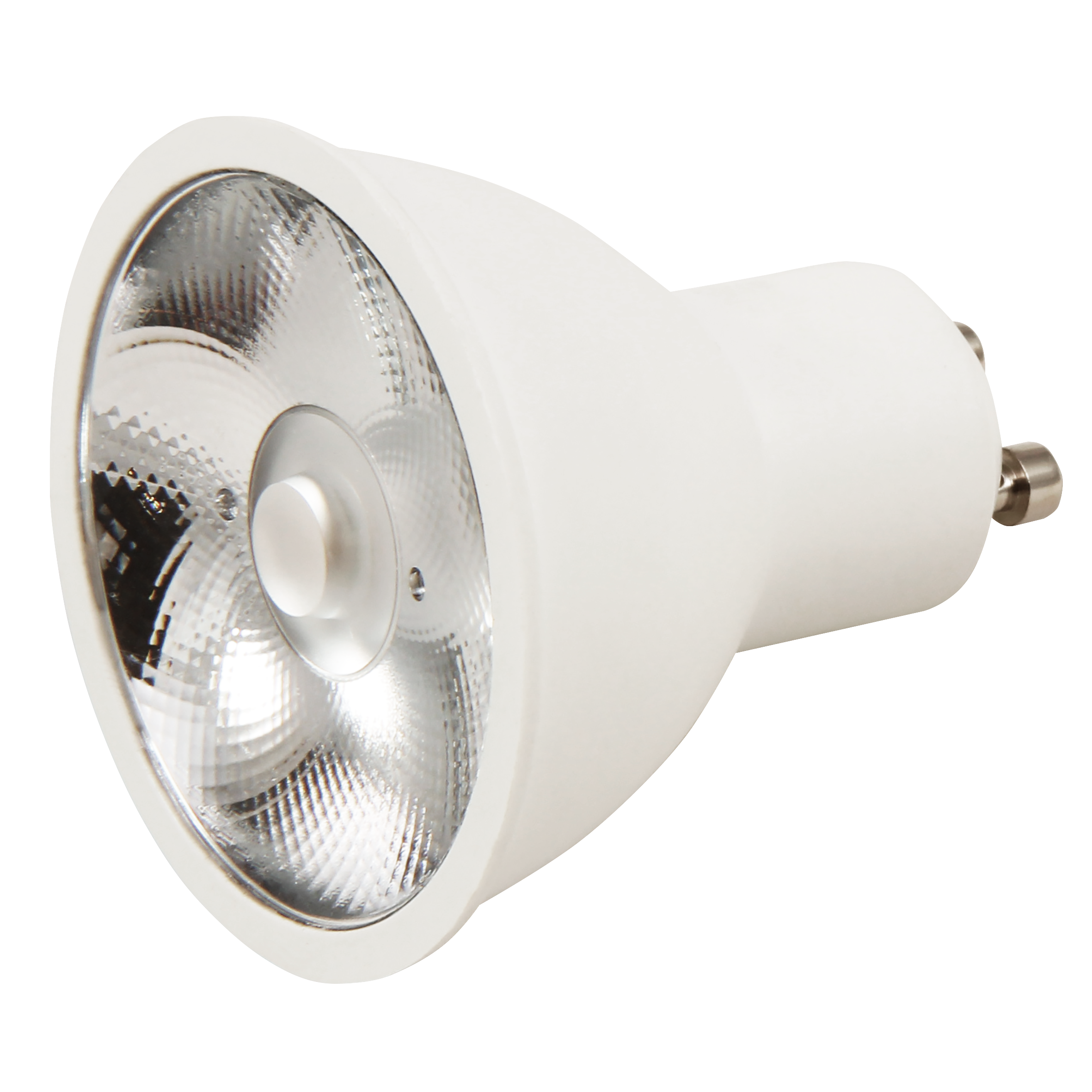 Ein weißes LED-Spotlicht-Leuchtmittel mit silbernem Reflektor.