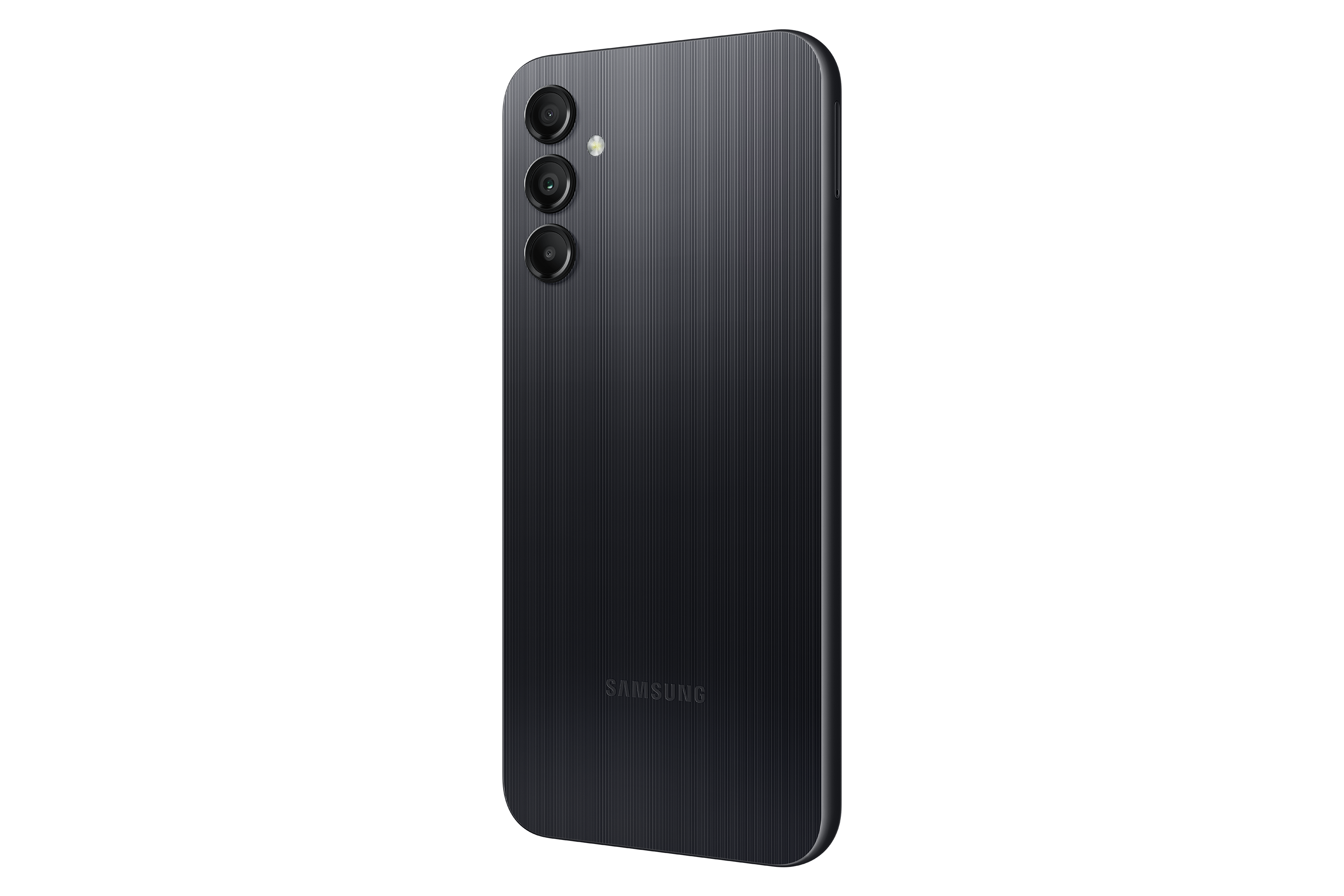 Un smartphone Samsung negro con tres cámaras en la parte trasera.