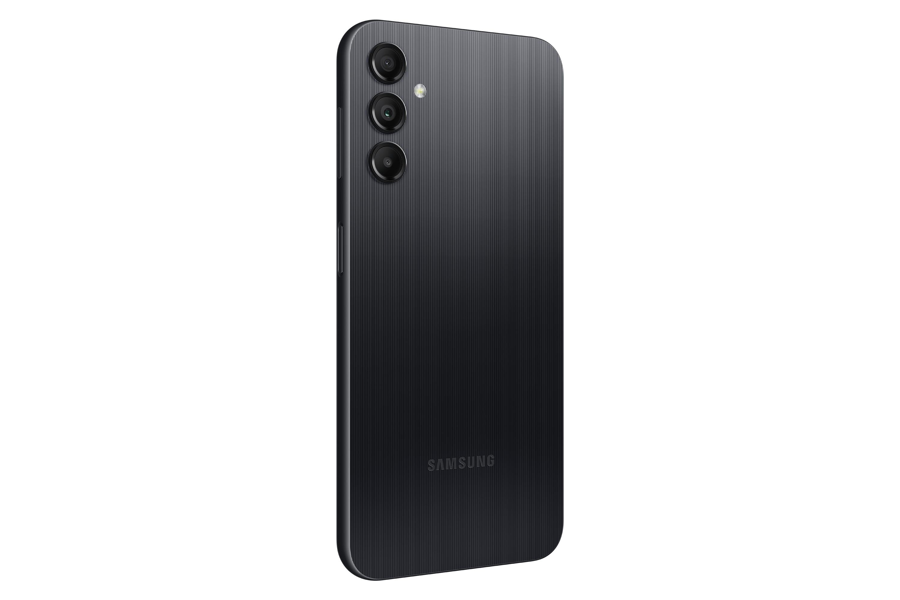 Schwarzes Samsung-Smartphone, Rückansicht. Hat vertikale Linien auf der Oberfläche mit drei Rückkameras.