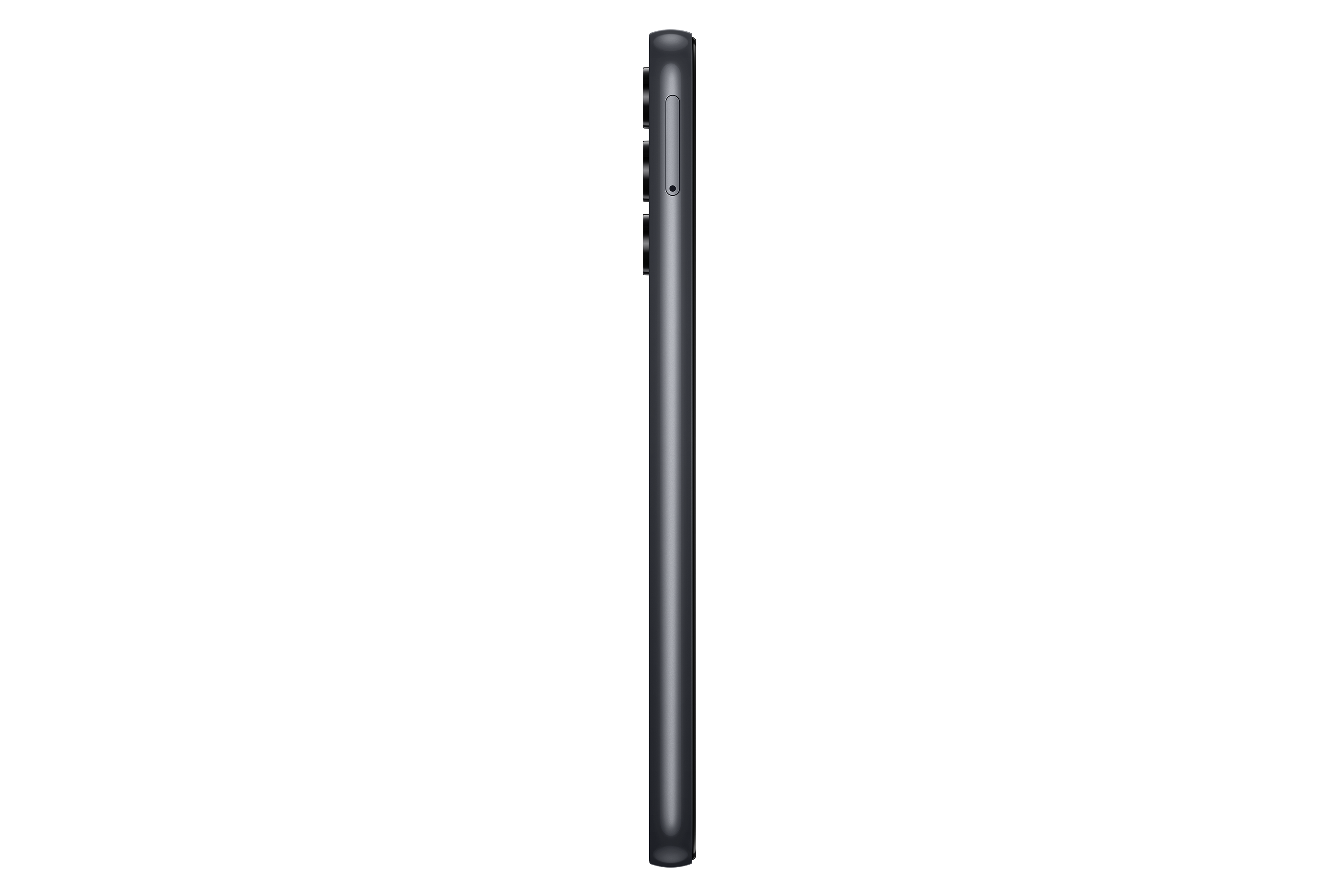 Das Seitenprofil eines schwarzen Smartphones. Das Telefon befindet sich vor schwarzem Hintergrund.