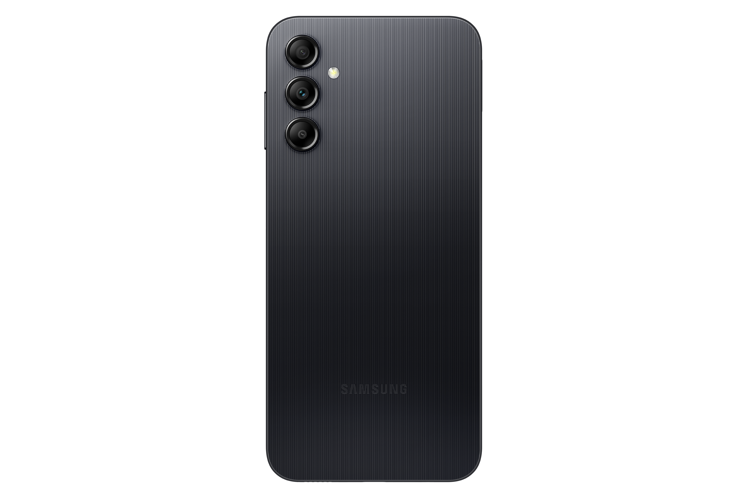 Schwarze Samsung-Telefonrückseite mit drei Kameras. Vertikales Linienmuster. Samsung-Logo.