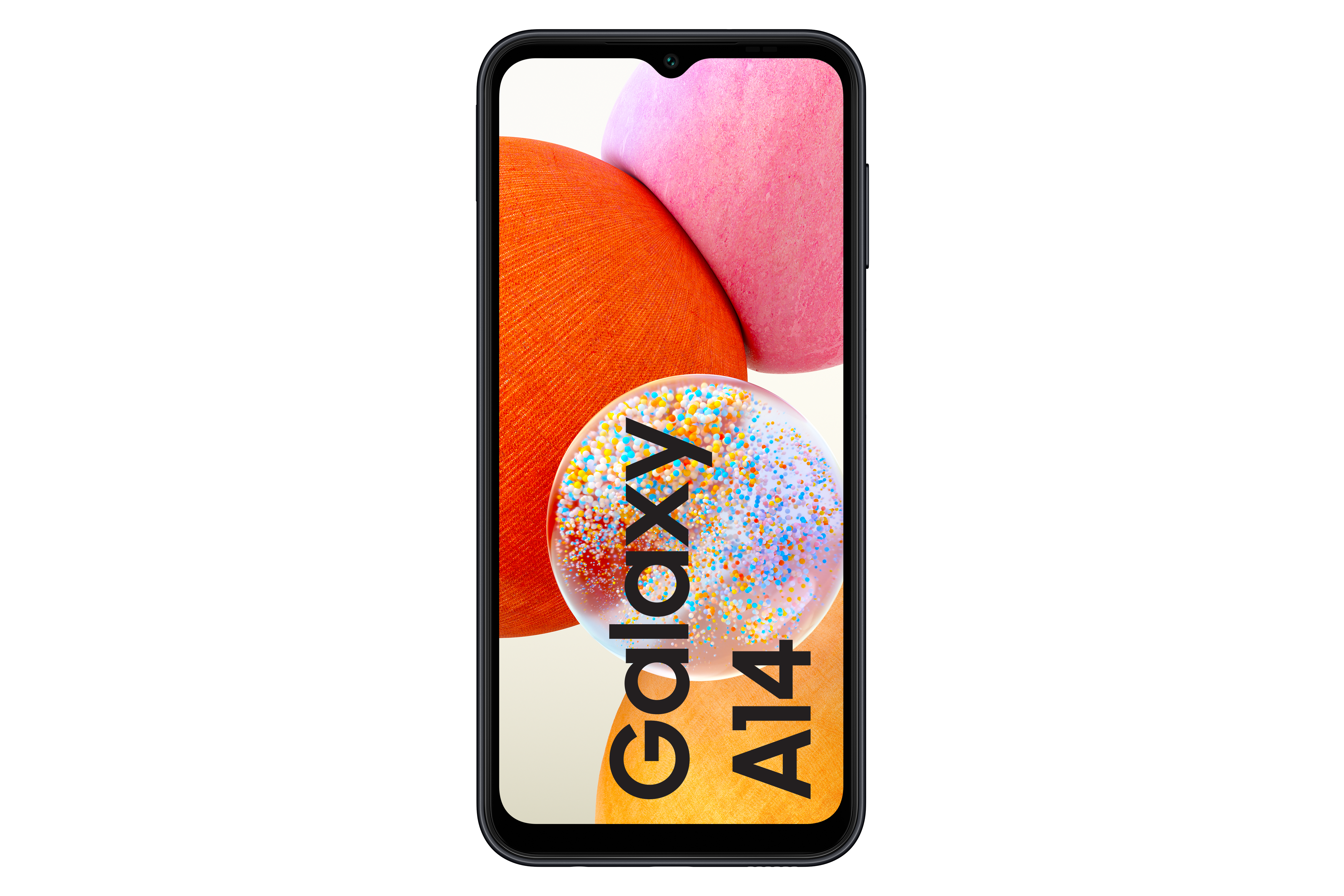 Samsung Galaxy A14 Smartphone. Der Bildschirm zeigt farbenfrohe abstrakte Formen auf schwarzem Grund.