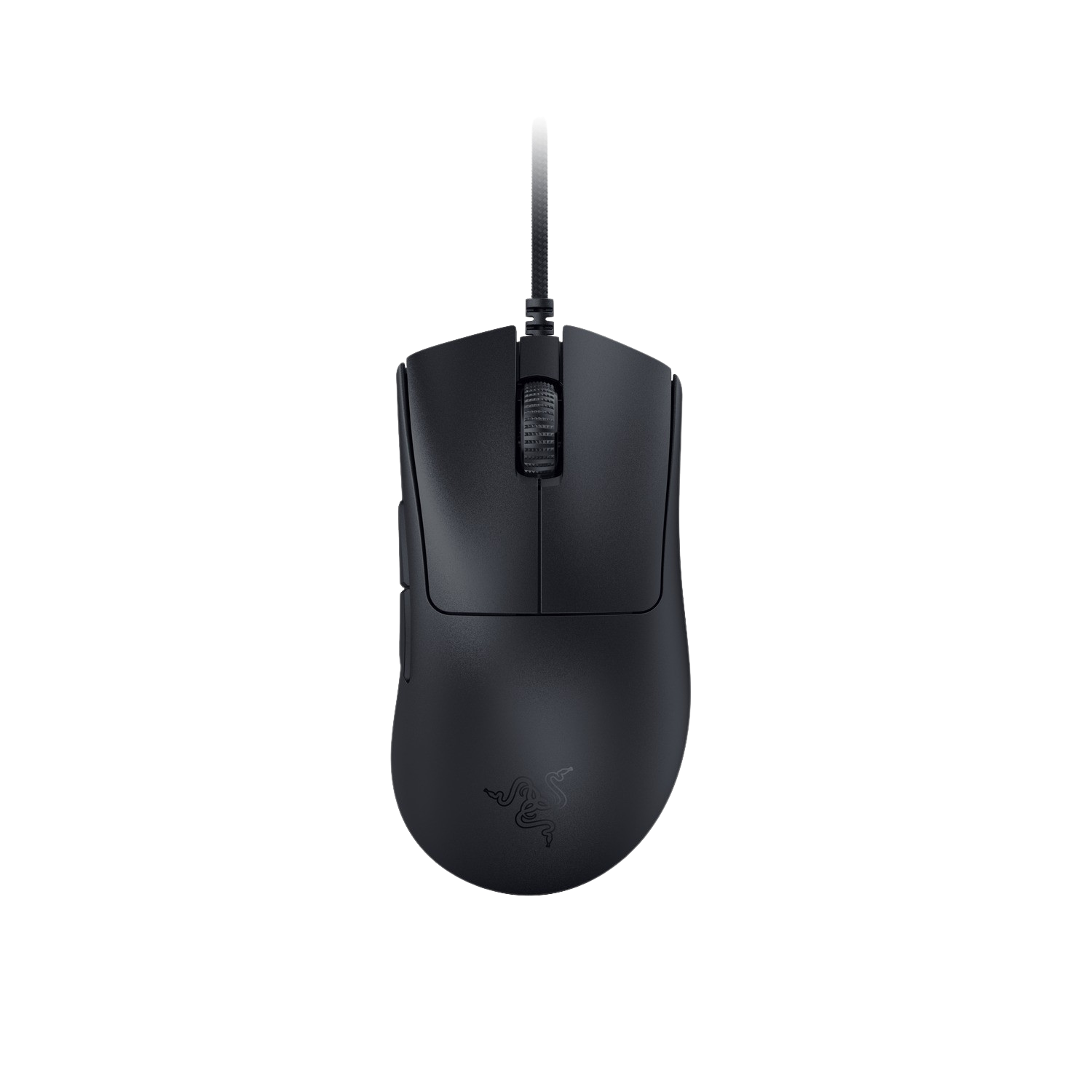 Schwarze Gaming-Maus mit Kabelanschluss auf schwarzem Hintergrund.