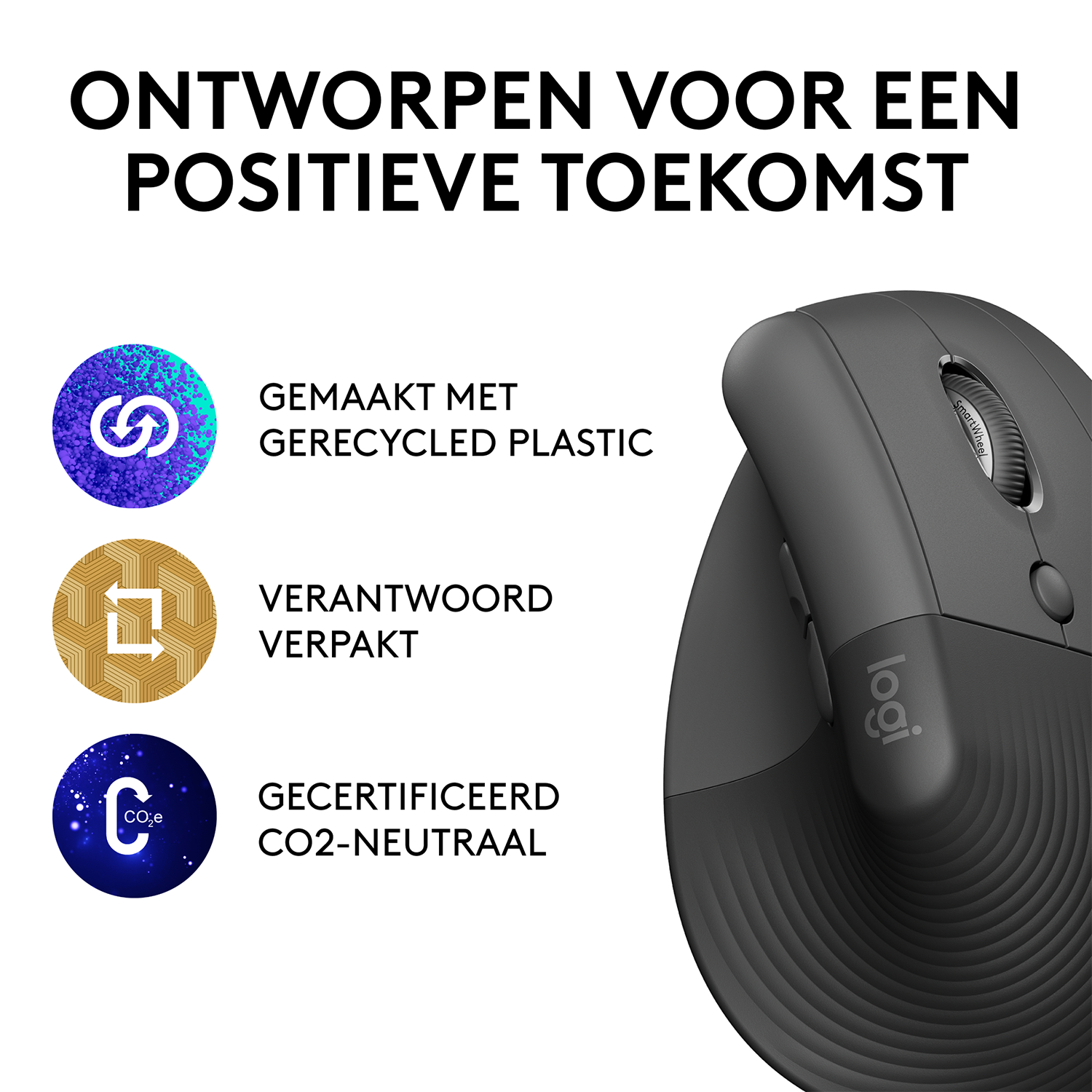 Mouse con poggiapolsi e etichetta 'Logi'. Testo in olandese: 'ONTWORPEN VOOR EEN POSITIEVE TOEKOMST'.