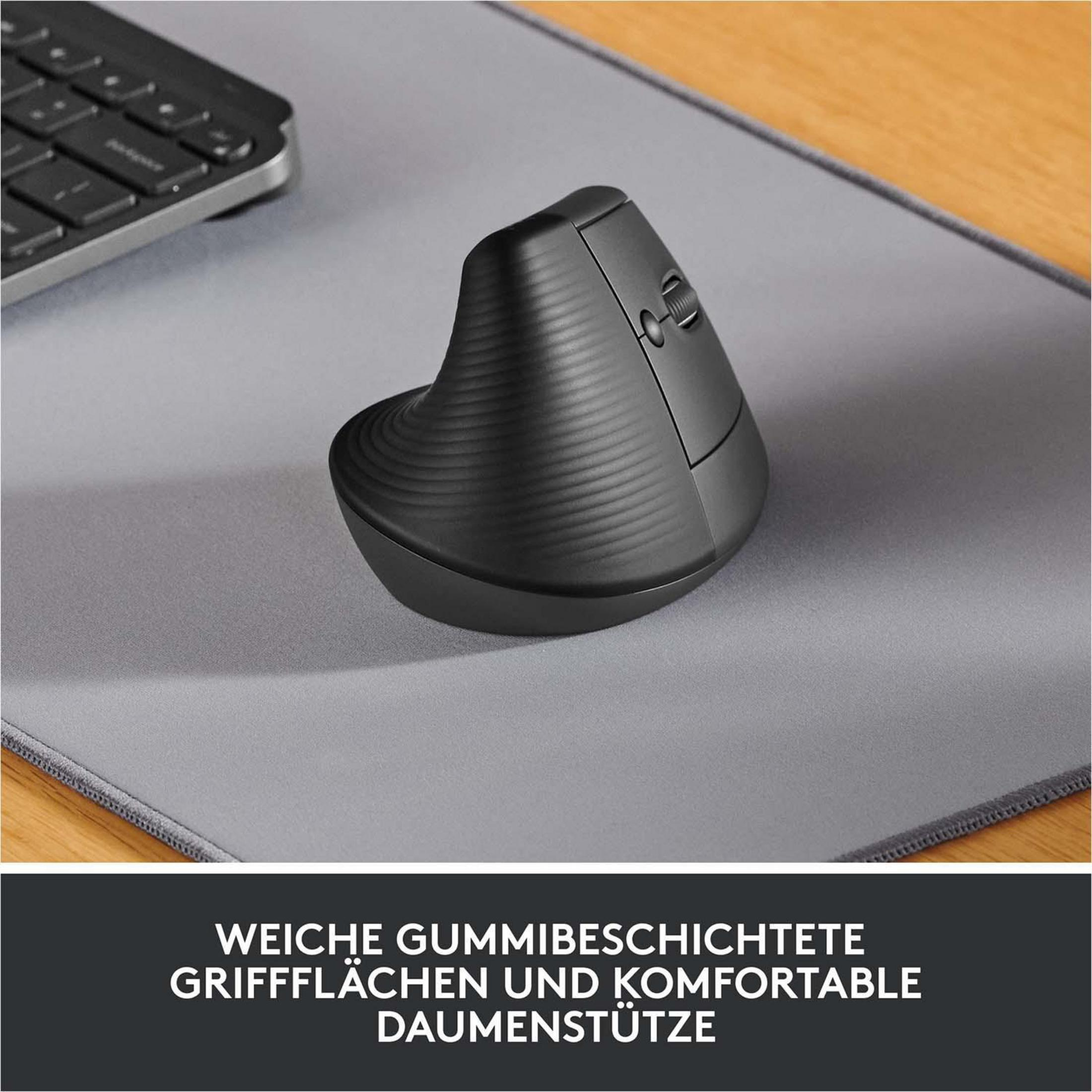 Un mouse ergonomico nero su un tappetino grigio. Testo: Impugnatura gommata morbida.