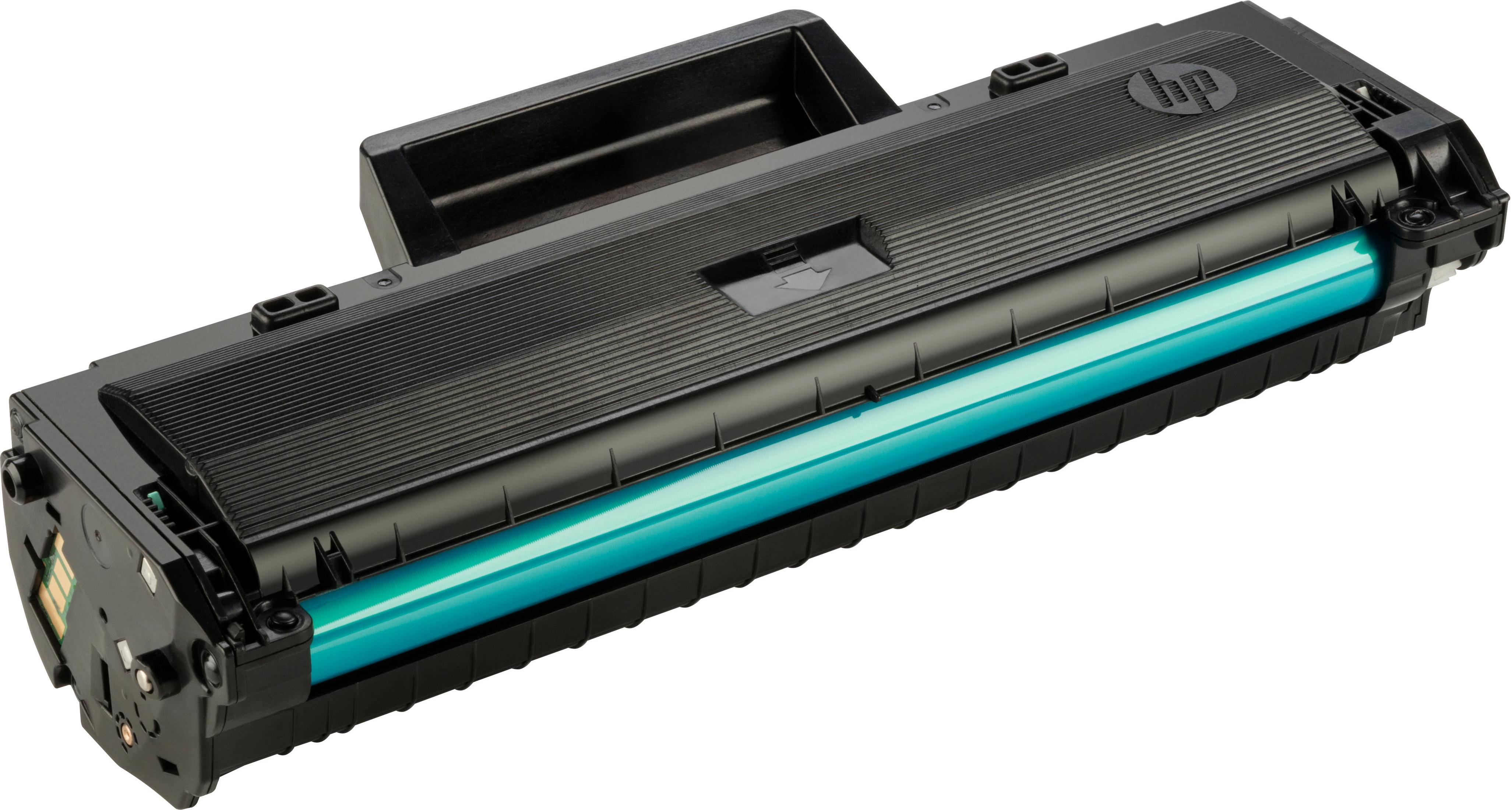 Cartouche de toner d'imprimante HP noire avec un composant cylindrique bleu.