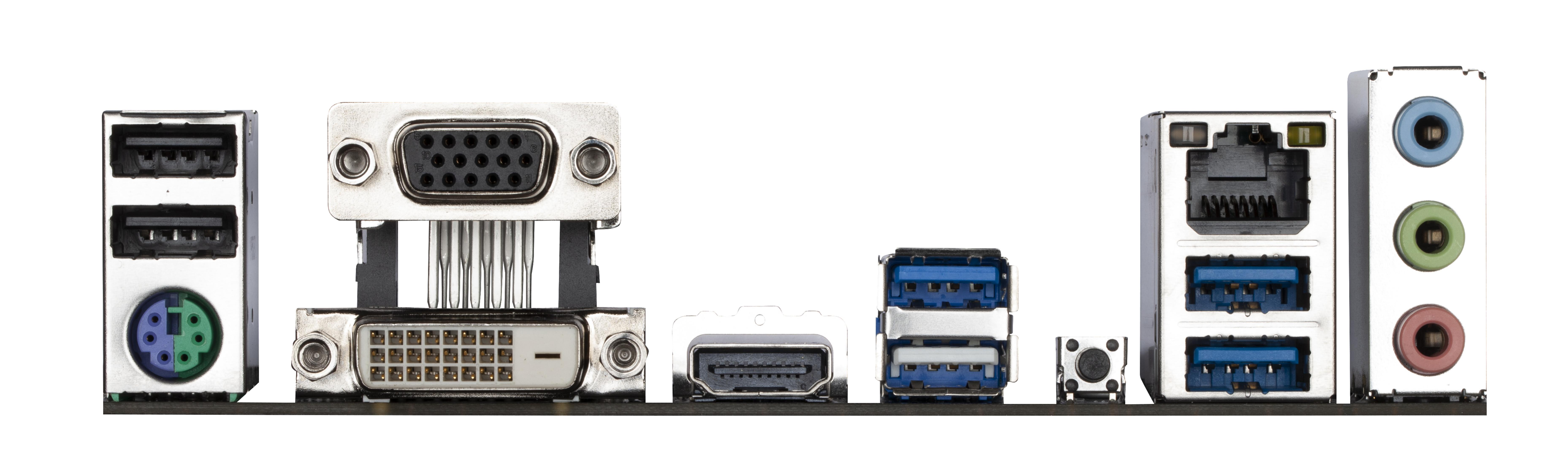 Rückseite eines Computer-Motherboards mit verschiedenen Anschlüssen.