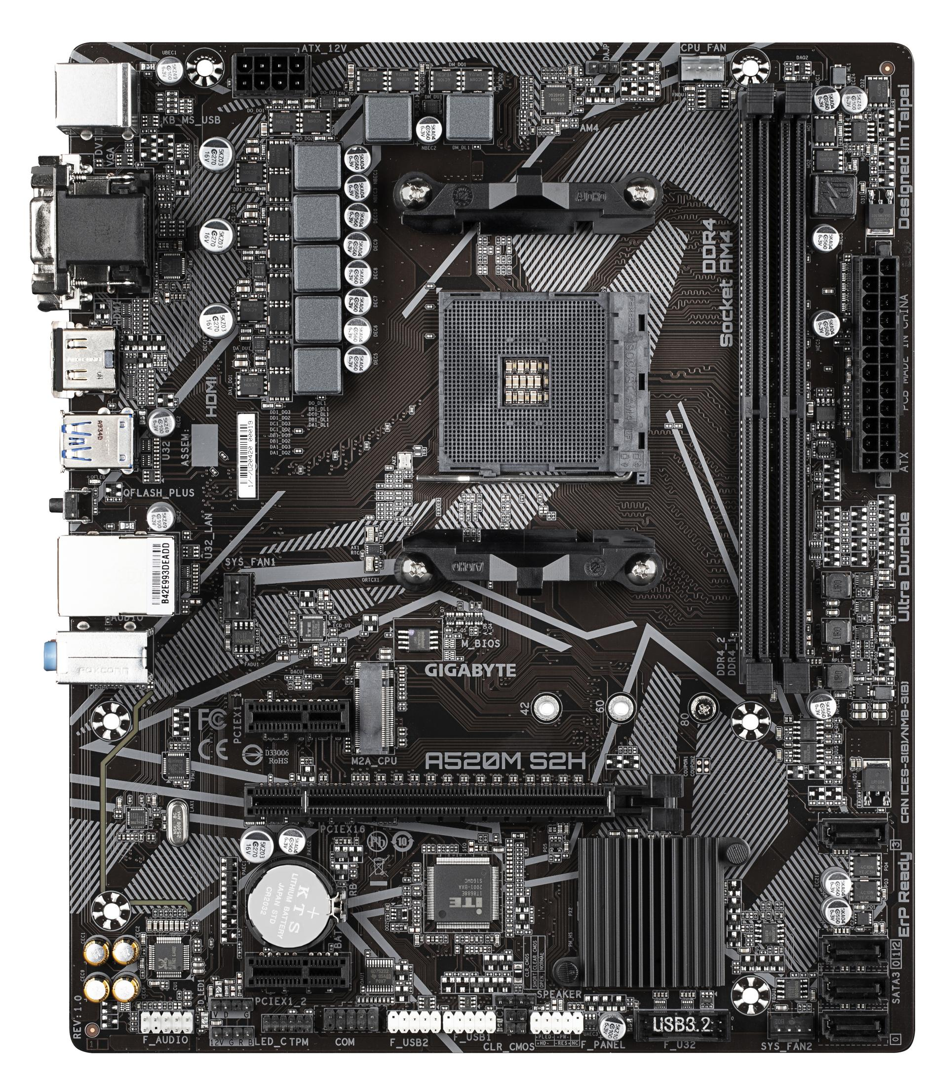 Ein Computer-Motherboard mit verschiedenen sichtbaren Komponenten.