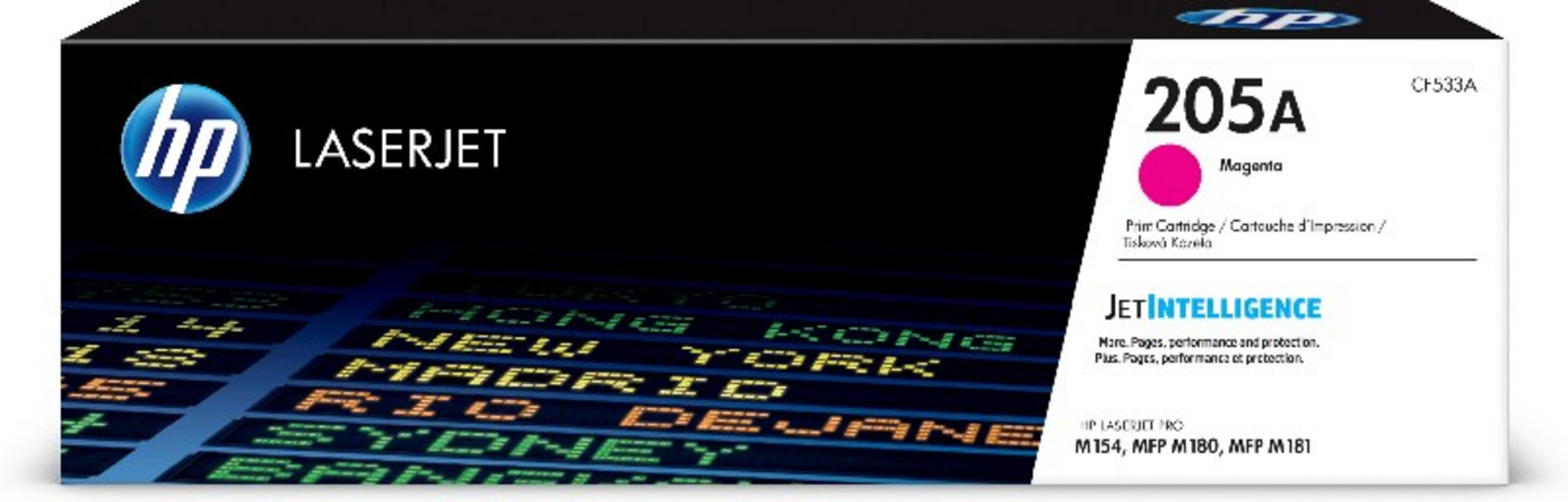 Pudełko z tuszem do drukarki z wkładem w kolorze magenta.