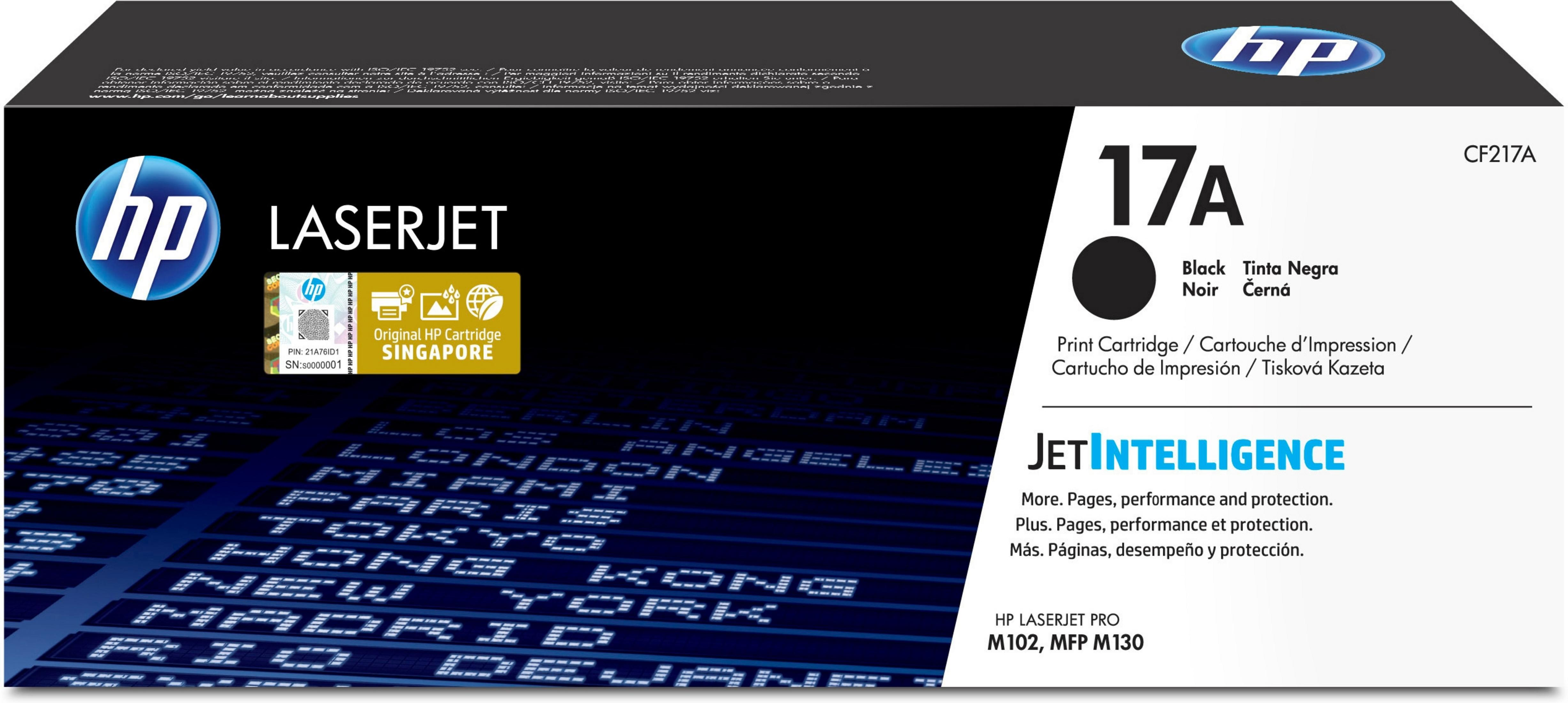 Pudełko z czarnym tonerem HP LaserJet 17A. Czarno-białe ze szczegółami produktu.