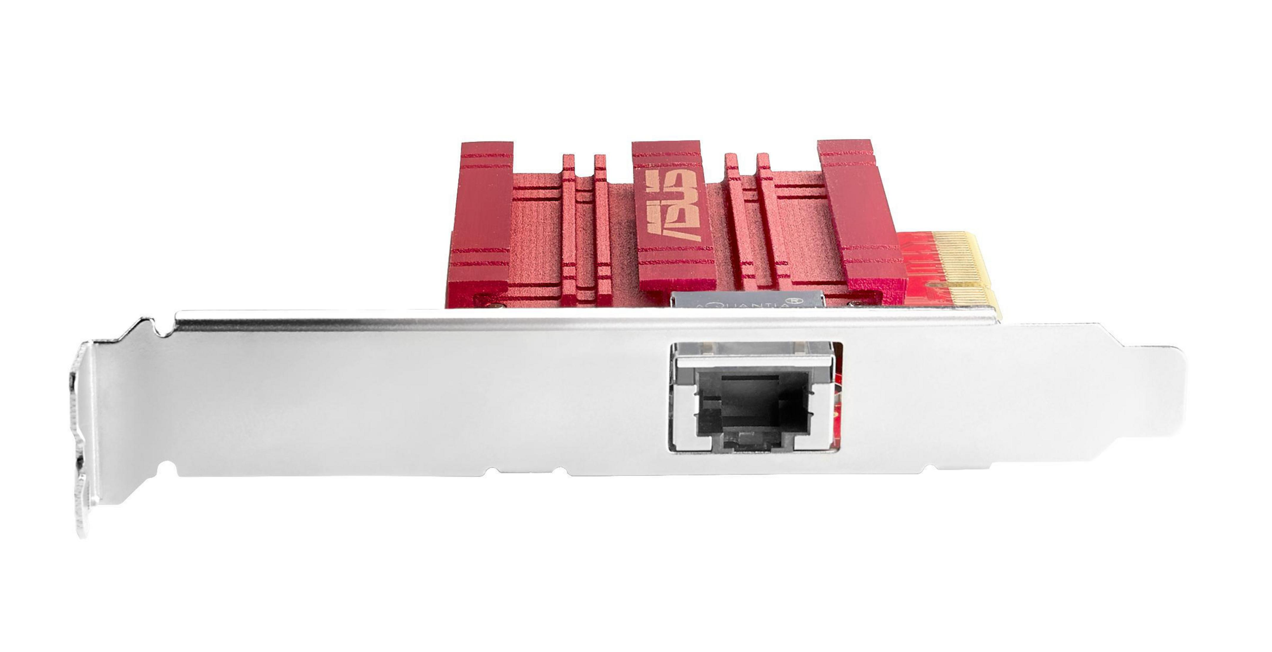 Tarjeta de red ASUS roja y plateada con puerto Ethernet, aislada sobre blanco.