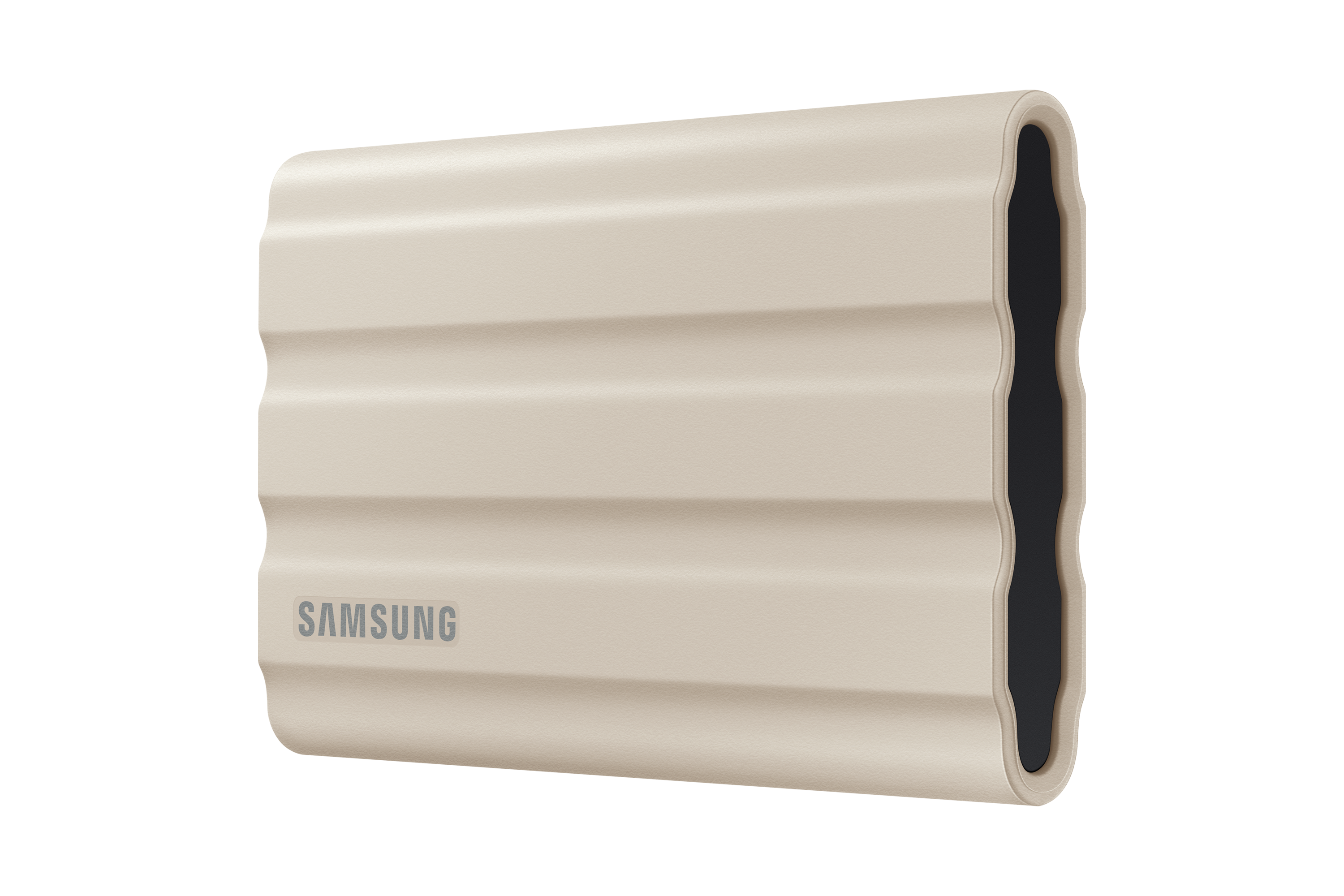 Beżowa, karbowana, prostokątna obudowa dysku twardego. Ma na niej logo Samsung. Na czarnym tle.
